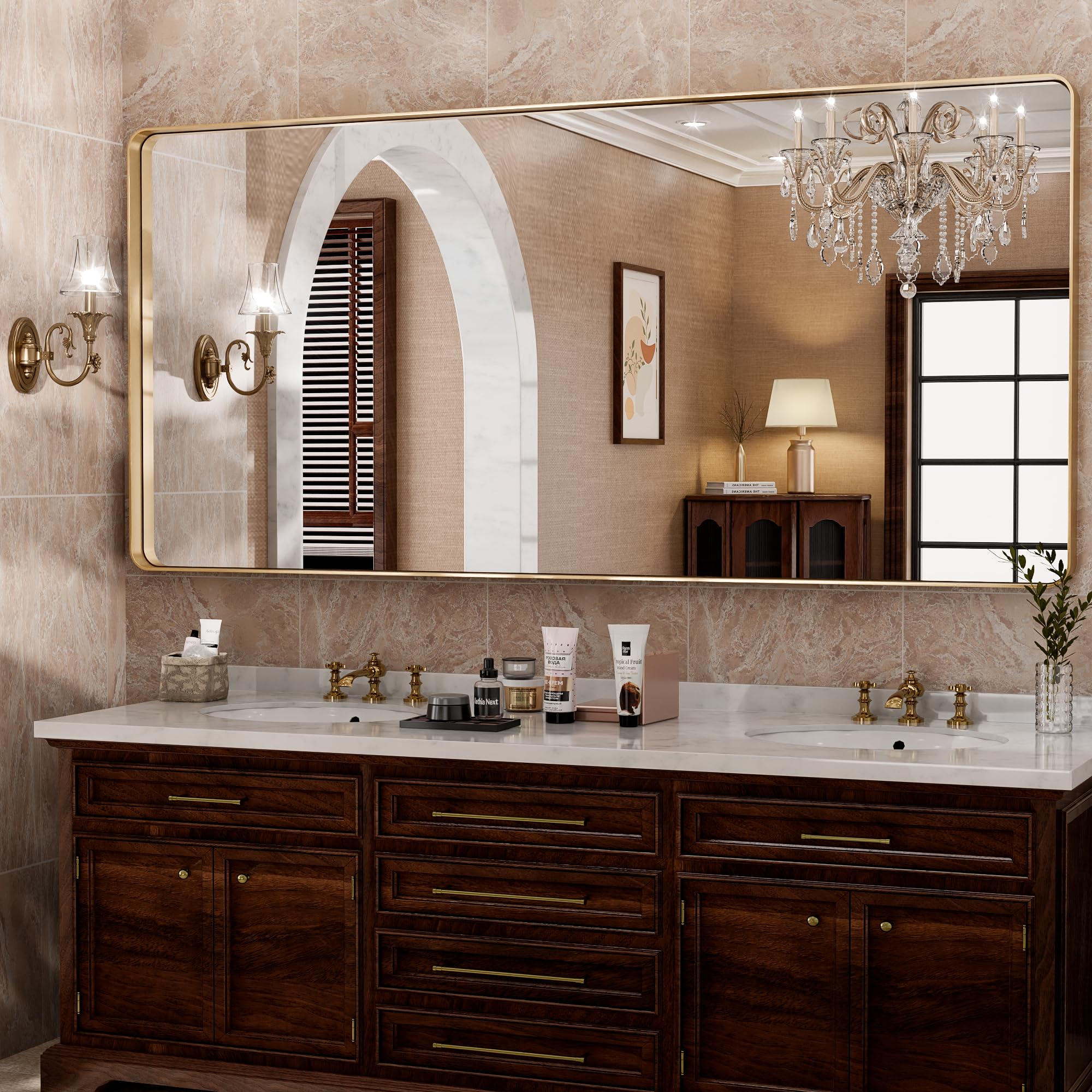 Amazon.com: Hasipu Gold Bathroom Mirror 68x32 Inch Rounded Rectangle Vanity Mirror Metal Framed ...