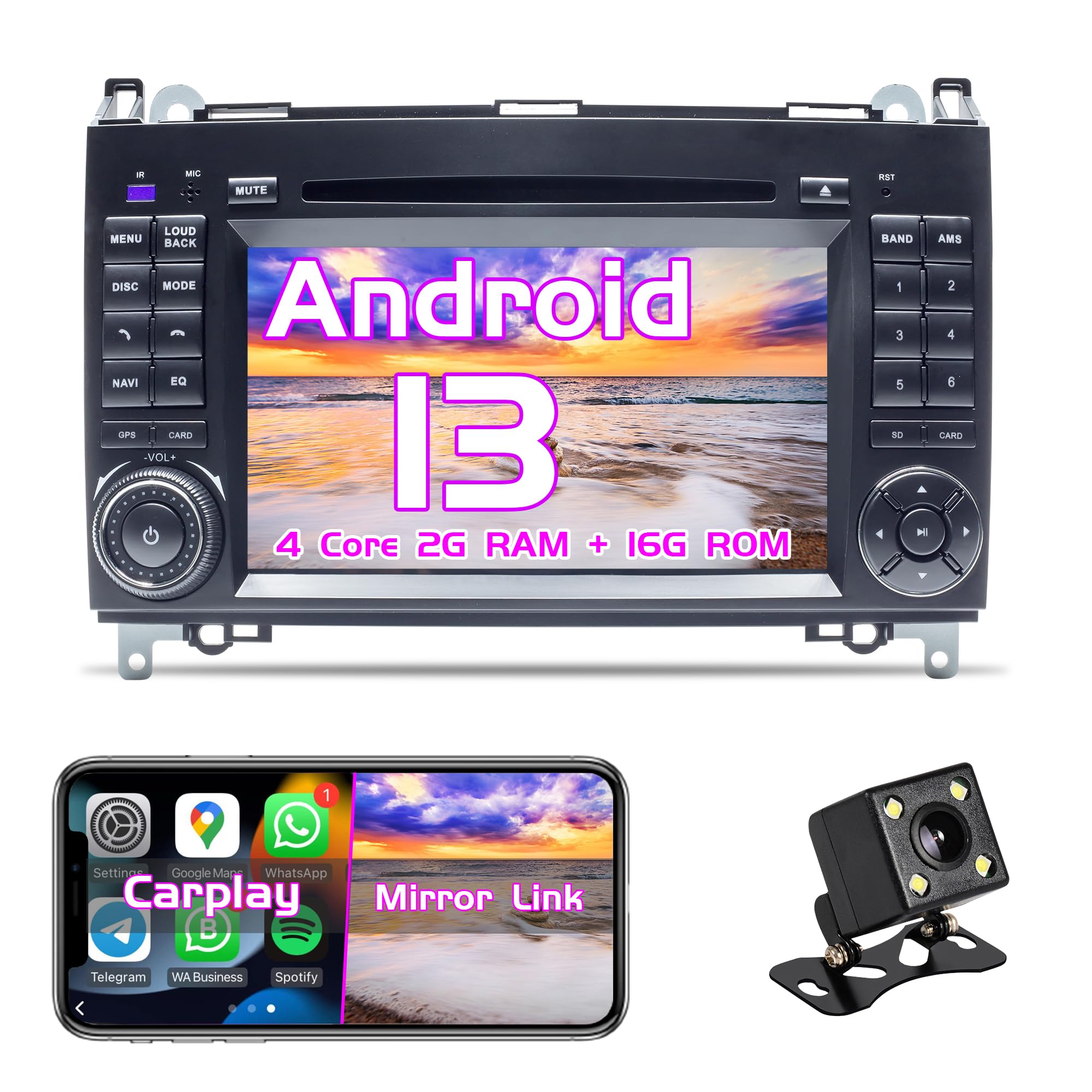 Android-Autoradio für Benz W169 W245 B16 B170 B180 B200 W639 Vito Viano W906 Sprinter Bildschirm Carplay Android Auto, GPS-Navigation [2 GB RAM + 16 GB ROM]
