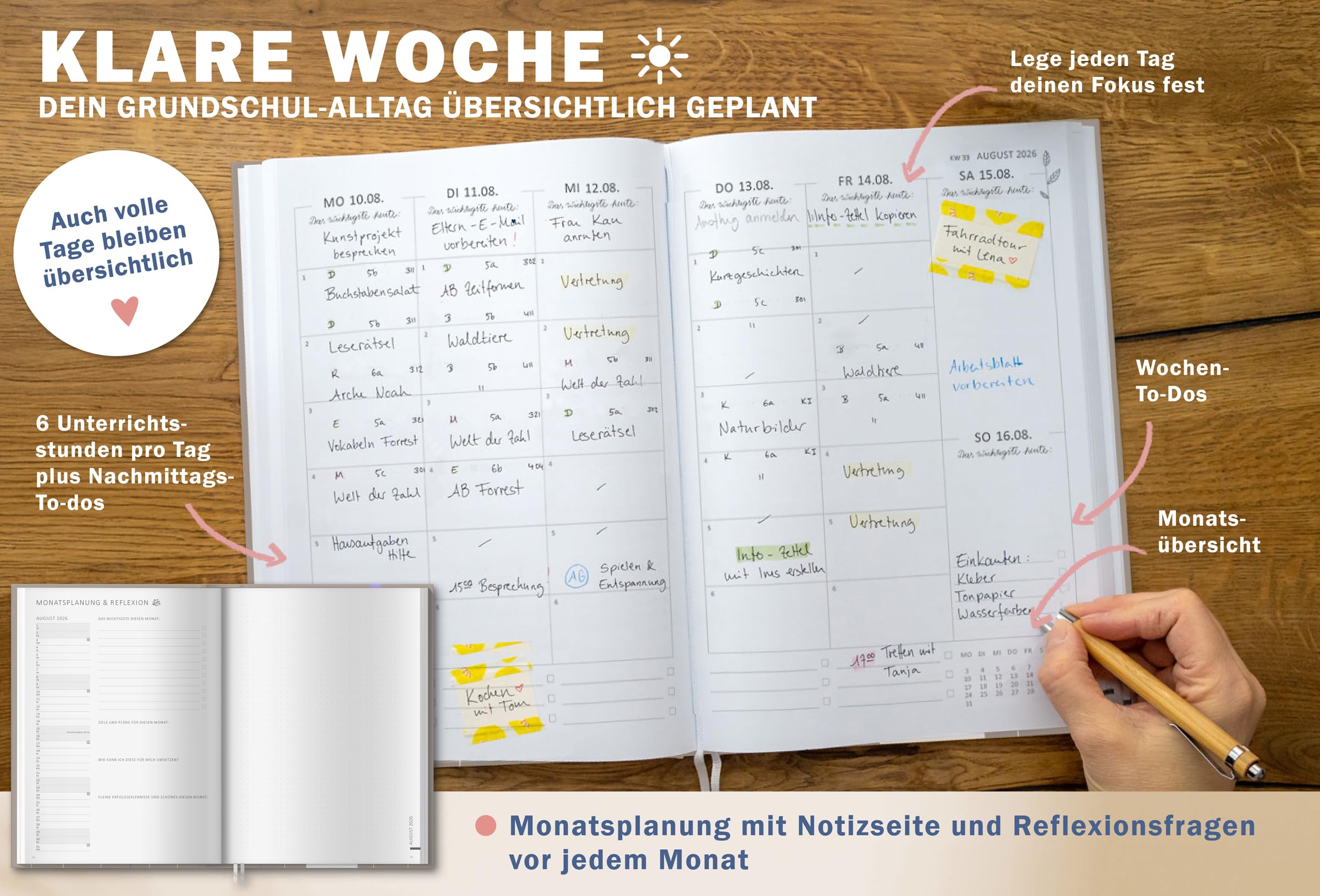 Eine der Guten Grundschulplaner 2026/2027 A4 Hardcover – Lehrerkalender Grundschule 2026 2027 | 2 Lesebänder, 6 Stunden, Beobachtungsbögen | nachhaltig, FSC-Papier, klimaneutral | Grau Beige Blumen