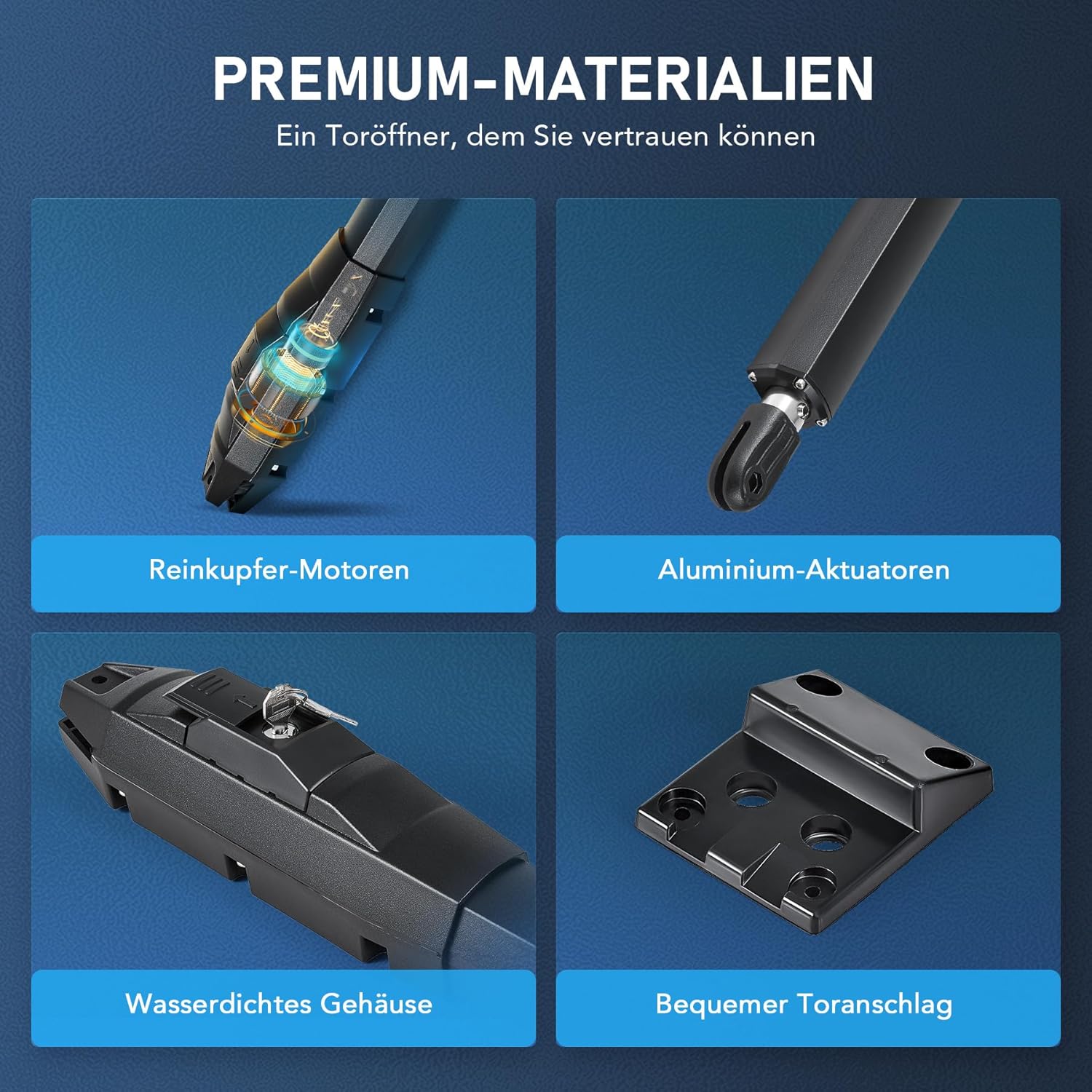 Four images showing premium materials: pure copper motors, aluminum actuators, waterproof housing, and a convenient gate stop.