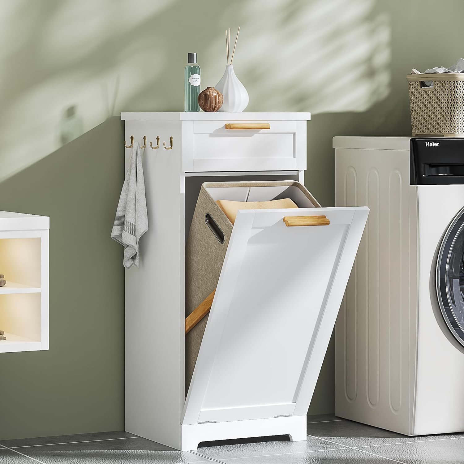 VECELO Tilt Out Laundry Hamper, 35" Bathroom Cabinet with Hidden Removable Basket, 1 Drawer and 4 Side Hooks for Storage, White