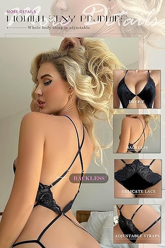 Miniatura 2 de ADSEXY Lencería sexy de una pieza con encaje en la entrepierna para mujer, lencería de encaje en V profundo, mini body con ribete festoneado,
