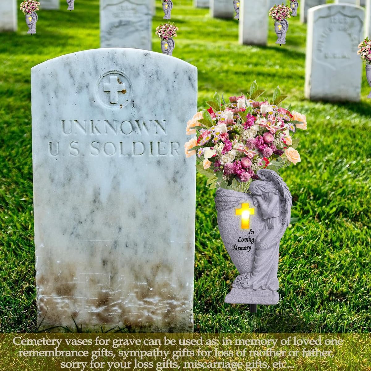 Cemetery Decorations for Grave,Cemetery vases for Grave,Decoration for Graves,Garden Angel,Cemetery vase with led,Family Garden Memorial Statue Funeral Gift,Angels Solar Lights.