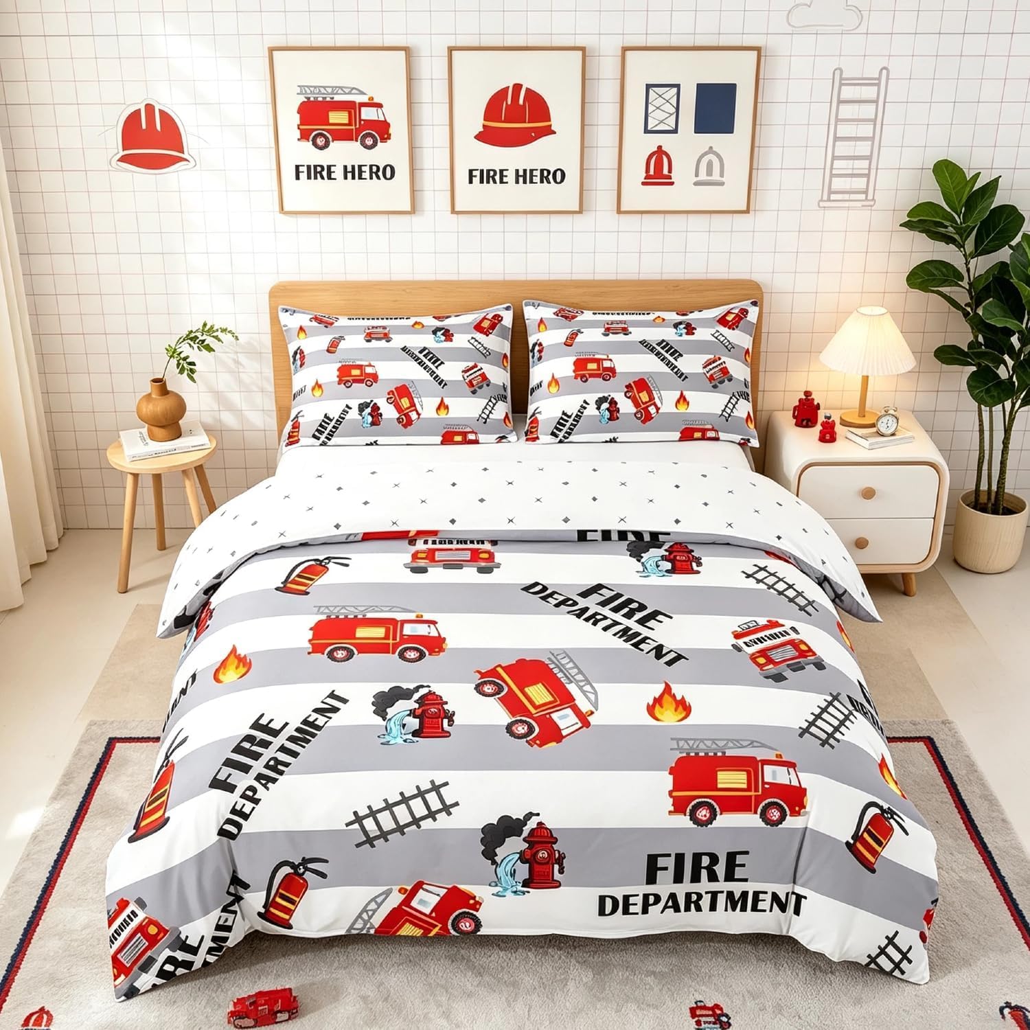 Homemissing Fire Car Print Kids Duvet Cover Double Bedding Set