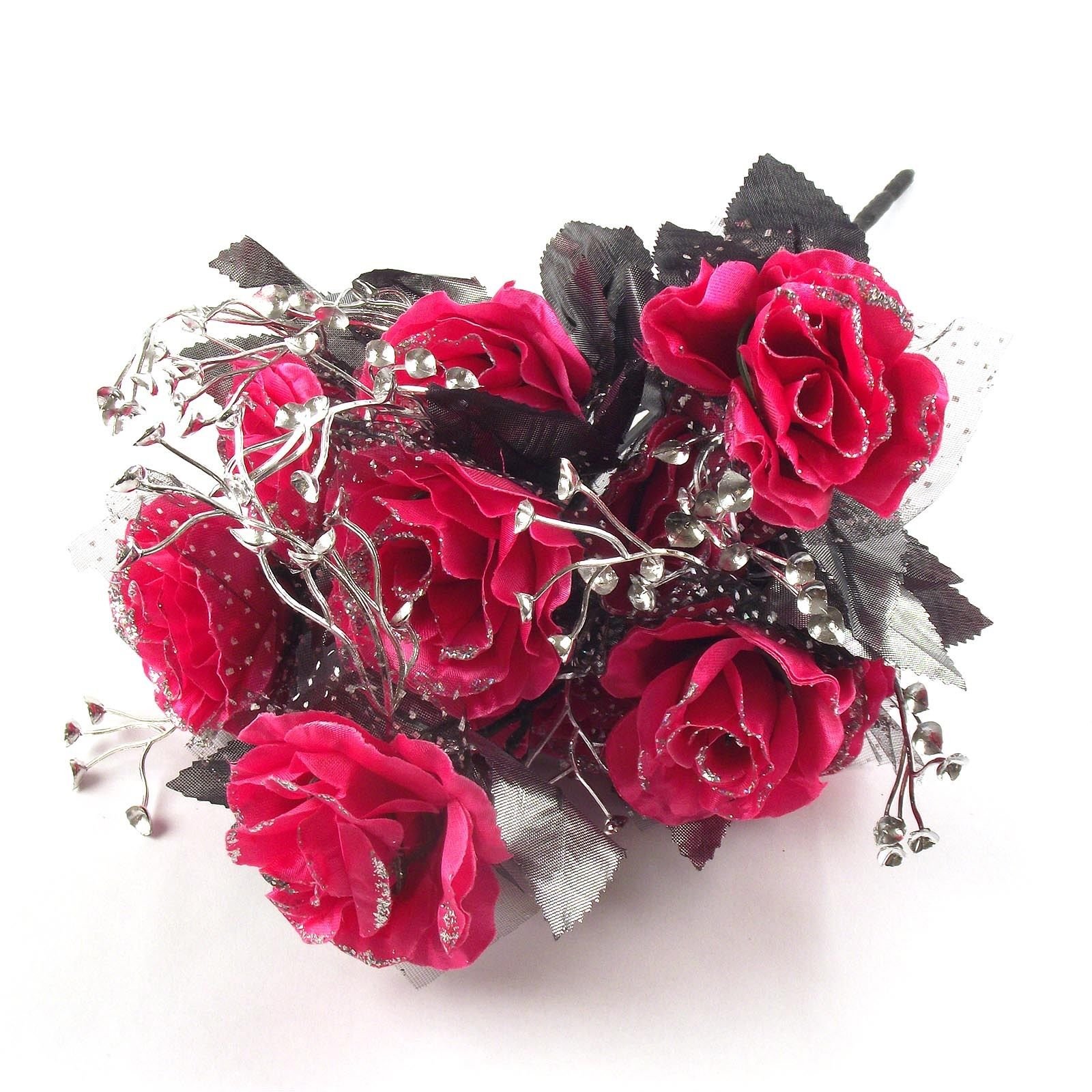 Meena Supplies Pink Bunch Of 12 Medium Glitter Edged Roses With Black And Silver Foliage And Accents (Pink)