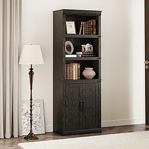 GAOMON Farmhouse Bookcases with Doors, 5 Tier Bookshelf with Storage, 70 inch Tall Bookshelf and Bookcase, Wooden Storage Cabinet for Living Room, Home, Office, Bedroom (Black)
