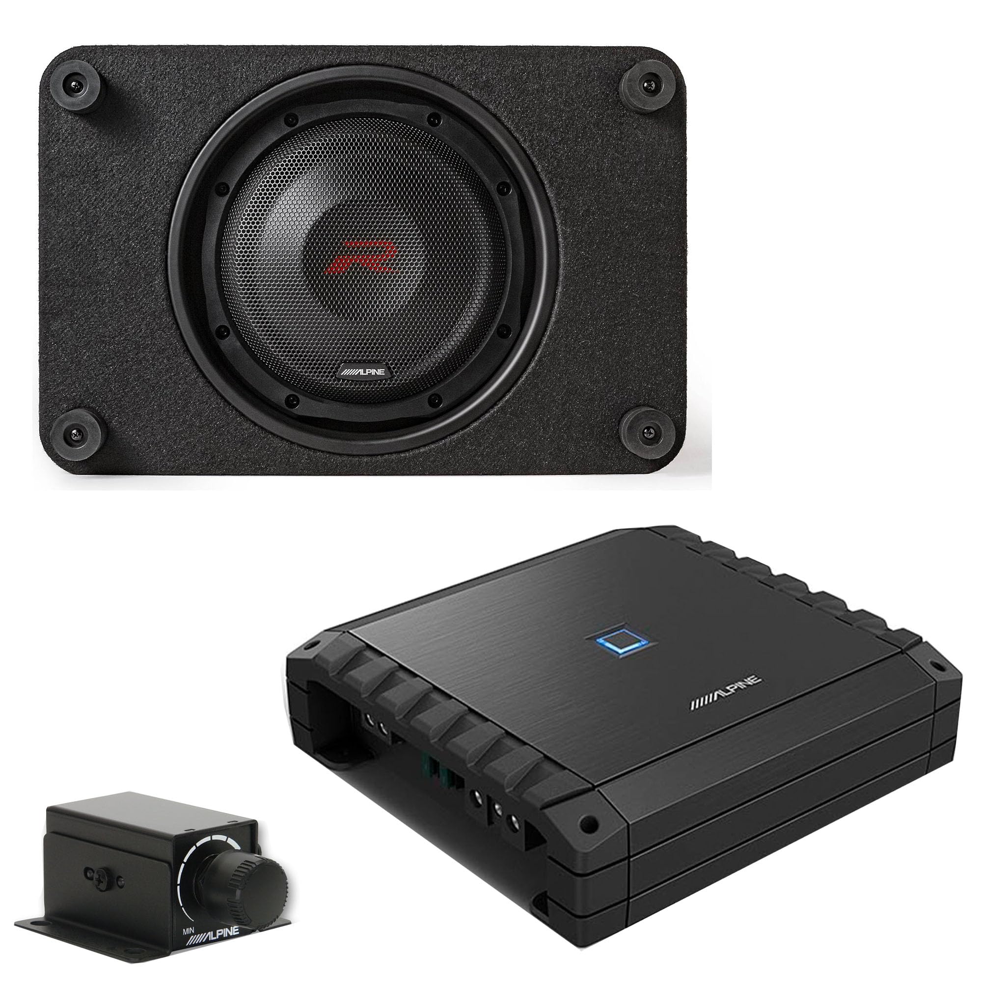 Alpine S2-A60M S-Series Class-D Amp w/Rux & RS-SB10 Single 10” R-Series Shallow Preloaded Subwoofer Enclosure