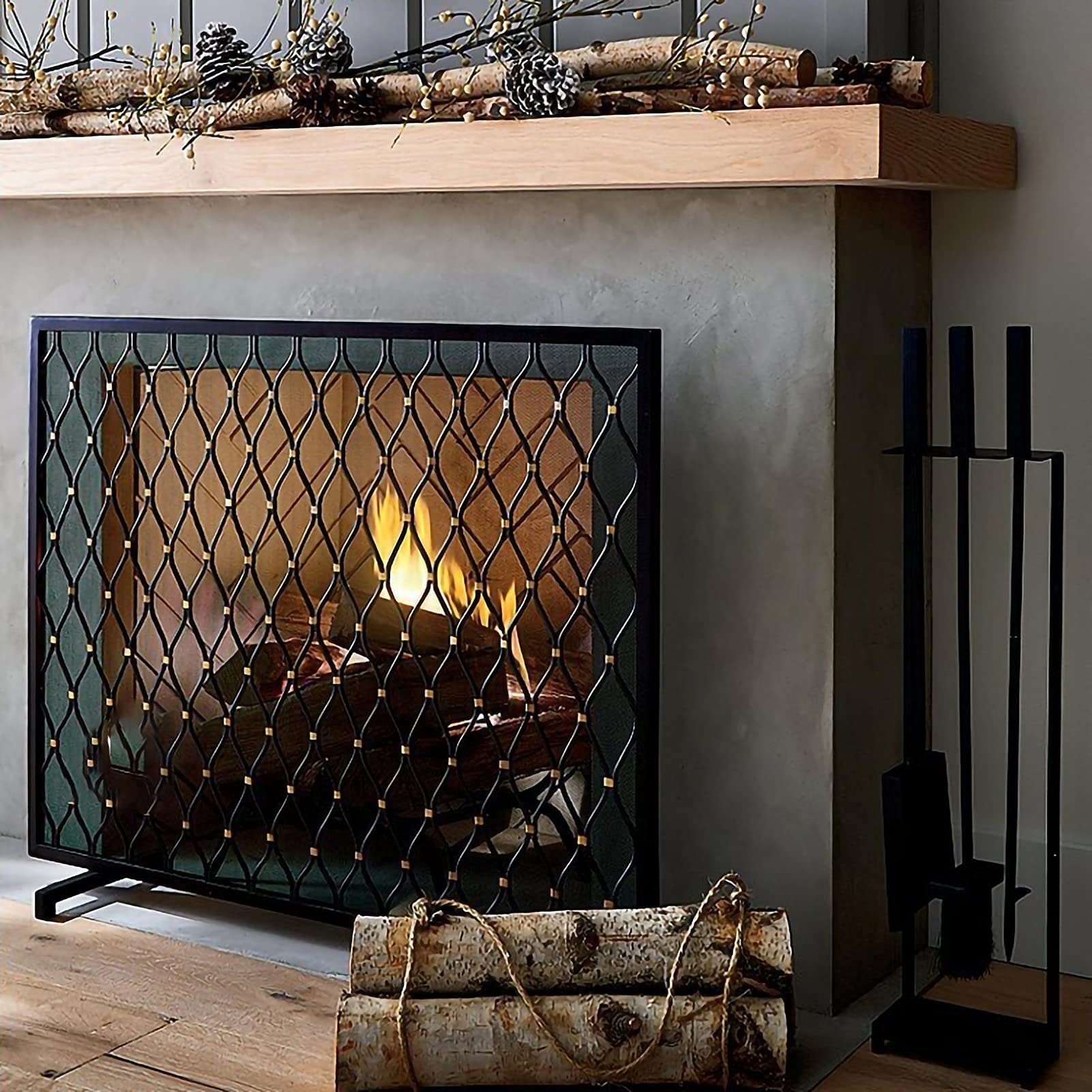 Parafiamma per Camino in Ferro a Pannello Singolo, parafiamma autoportante Robusta Struttura in Ferro battuto, cancello parascintille con Rete Metallica Decorativa (Nero 98 x 23 x 78 cm) Needed
