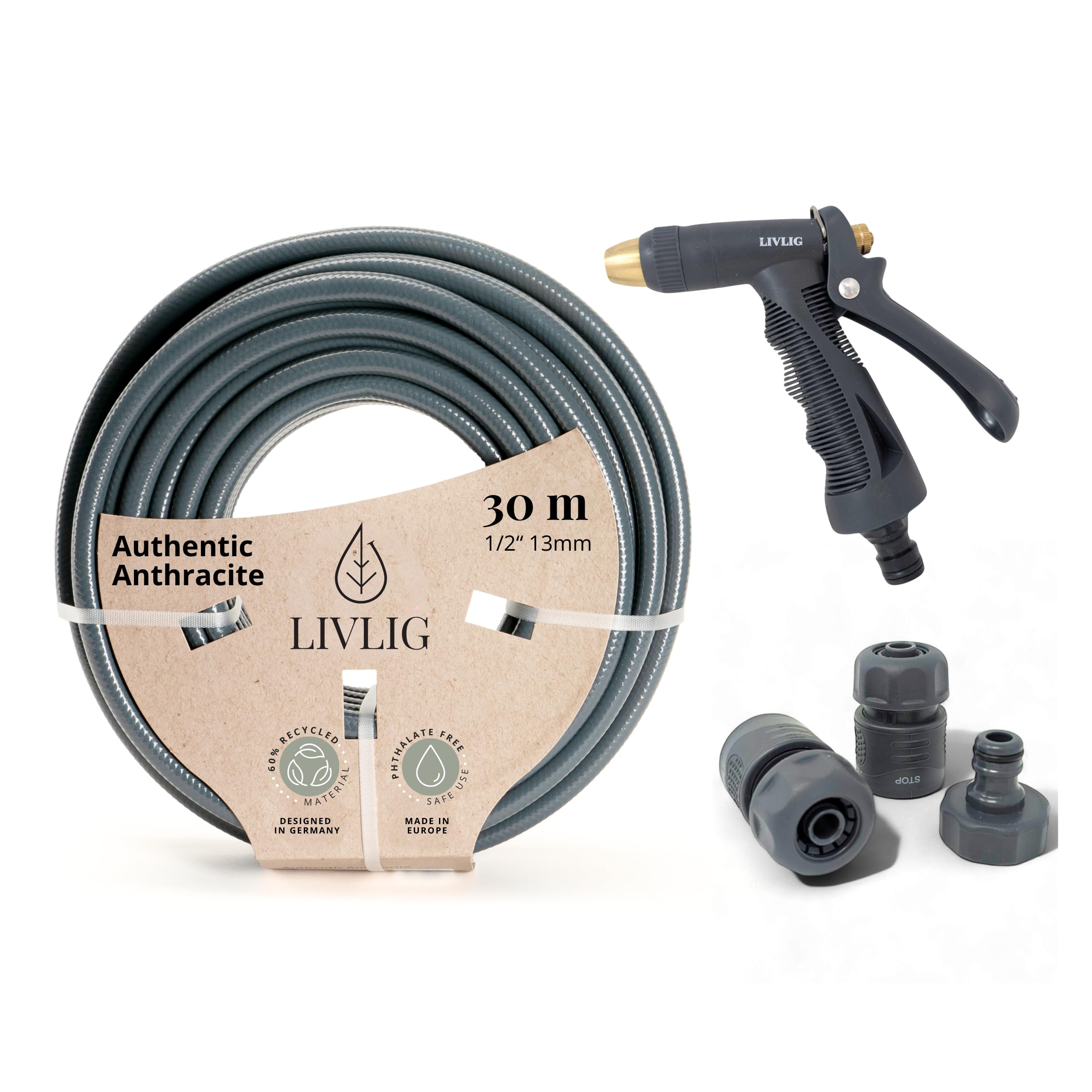 LIVLIG Set manguera 30 m 1/2" – tubo resistente a UV y anti‑torsión con pistola y conectores (G3/4, stop 1/2, rápido) – Antracita