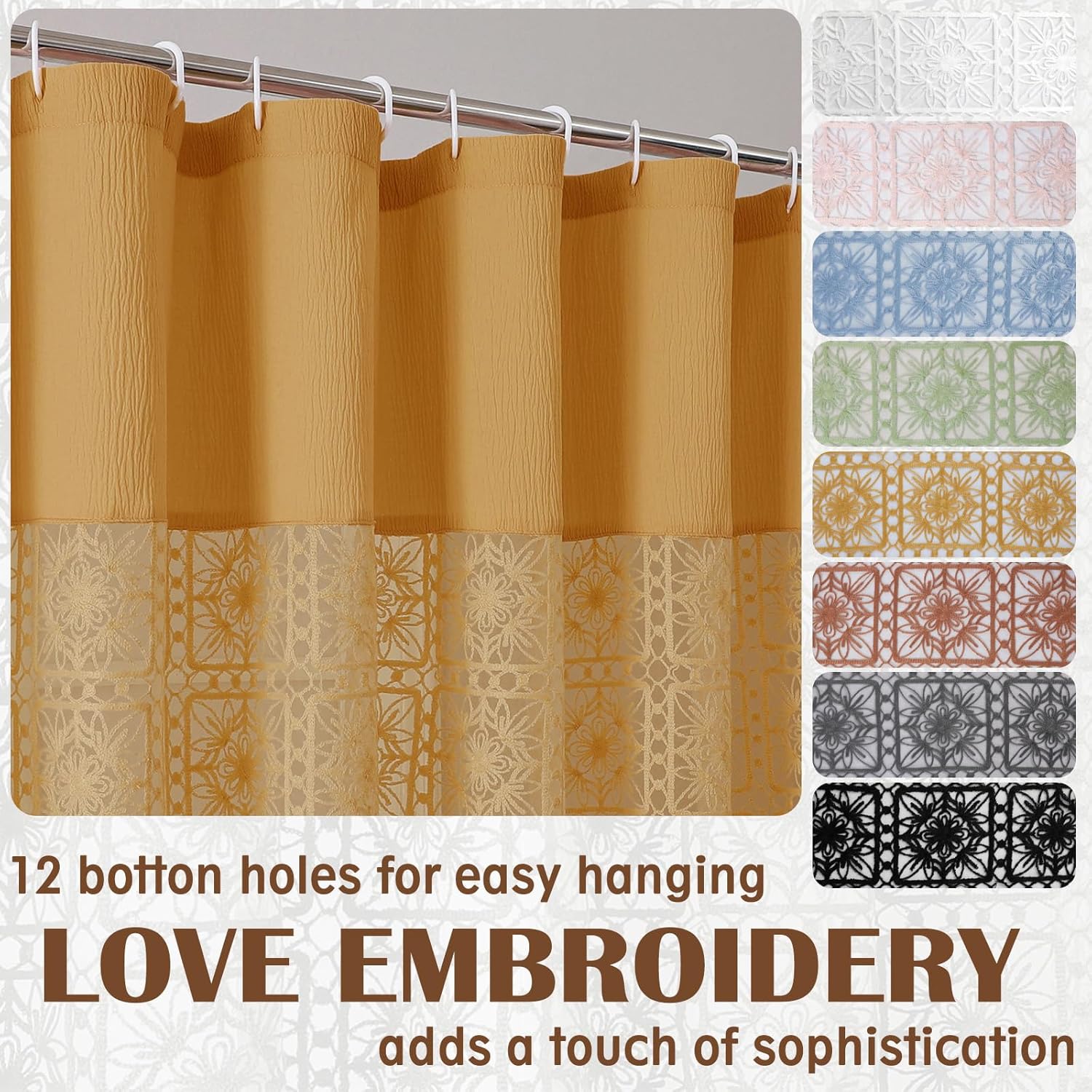 OVZME Extra Long Gold Shower Curtain 96 Inch Long, Textured Crinkle Farbic Shower Curtains with Embroidery Cutwork, Soft Heavy Weighted Machine Washable Luxurious Bathroom Decor, 72Wx96L Inches