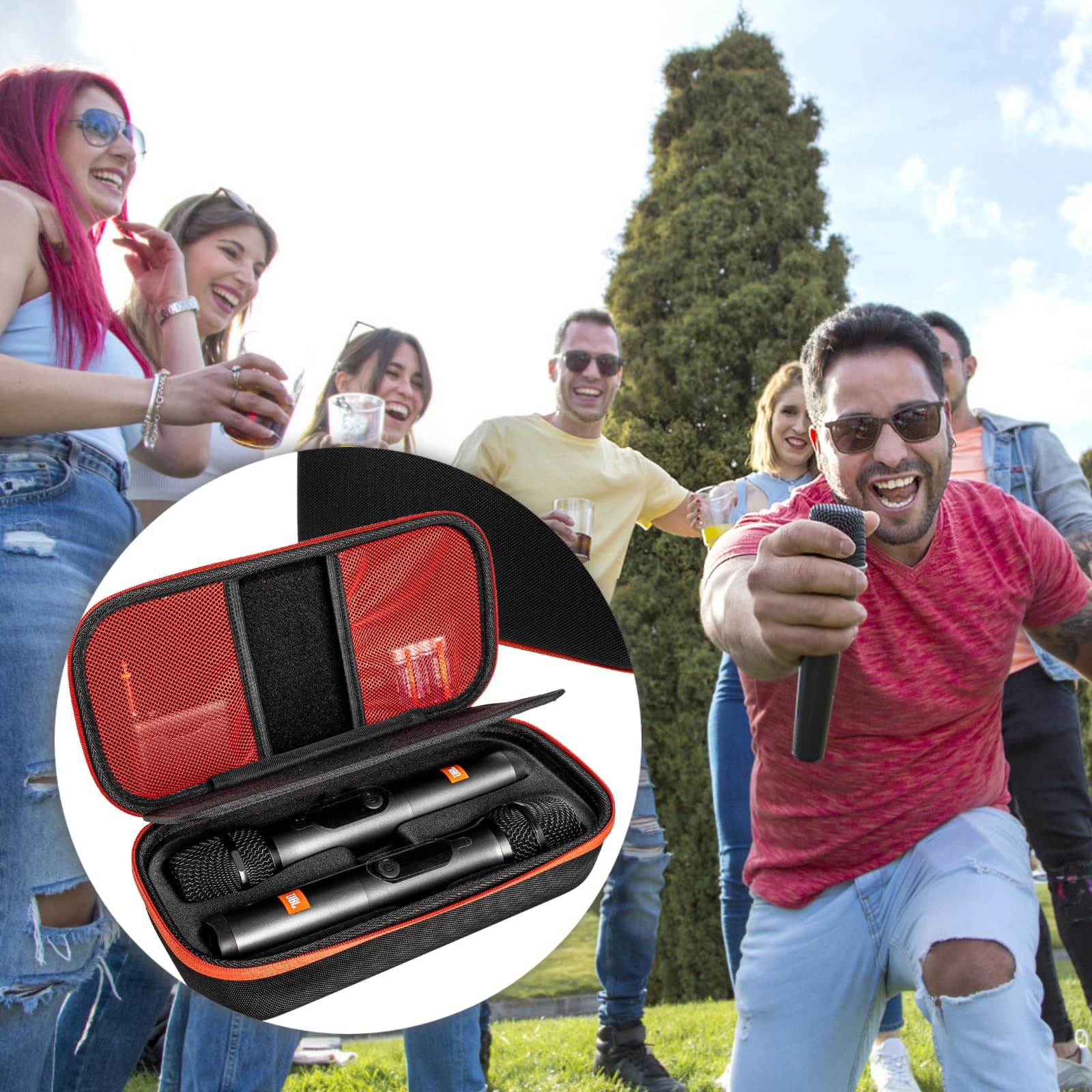 Custodia per microfono, custodia per microfono senza fili per JBL Party Box, guscio rigido in EVA nera, adatta a due microfoni, portatile, con cerniera arancione, 258,5 x 18,5 x 8 cm
