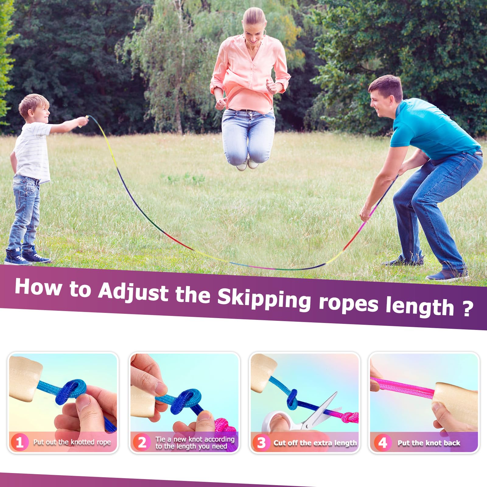Corde à Sauter Enfant Réglable 260 Cm – Poignées Bois Hêtre, Arc-en-Ciel, Pour Filles Et Garçons, Fitness Et Jeux Extérieurs