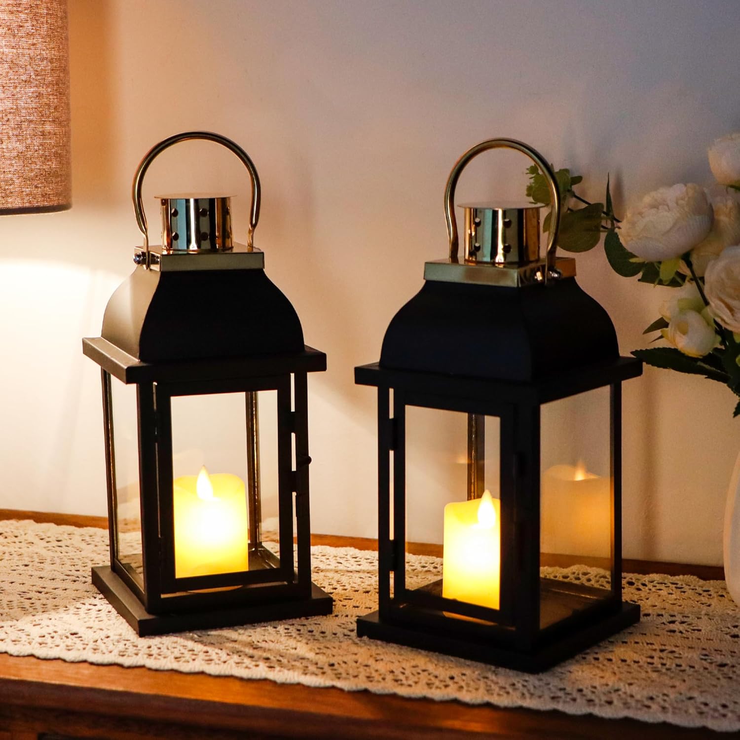 Set of 2 Decorative Candle Lantern 10'' High Black Hanging Candle Holder Matel Vintage Lantern Decor with Tempered Glass for Indoor Outdoor Home Table Patio Wedding