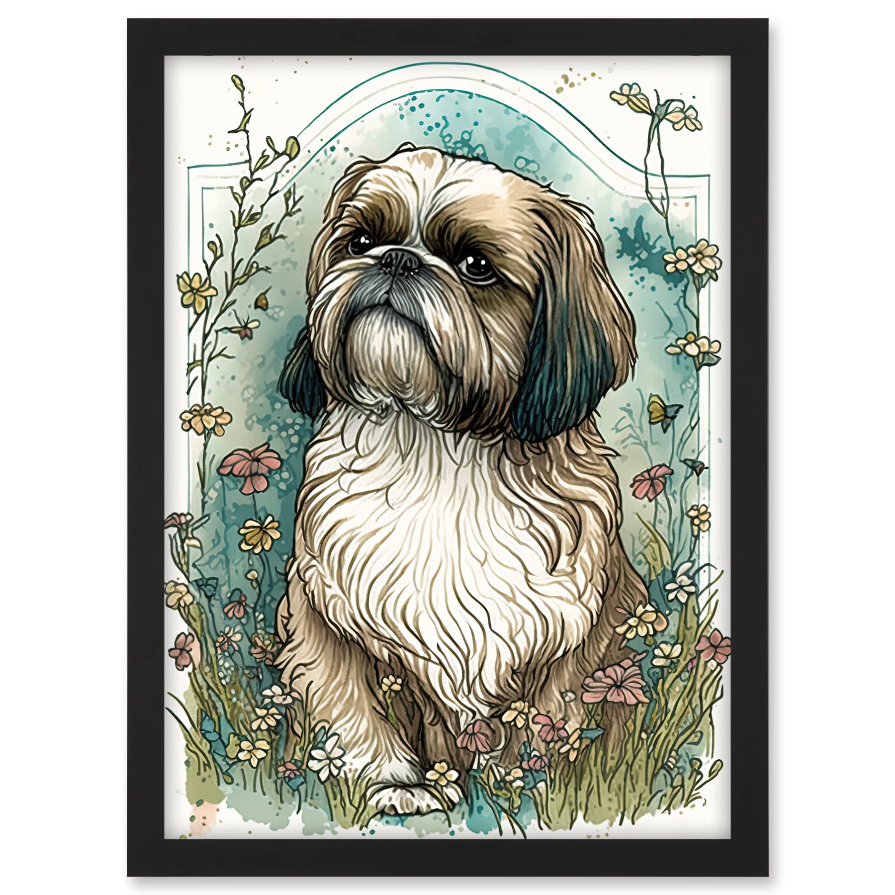 Artery8 Shih Tzu Dog with Wildflowers Modern Art Nouveau Inspired Illustration Artwork Framed A3 Wall Art Print