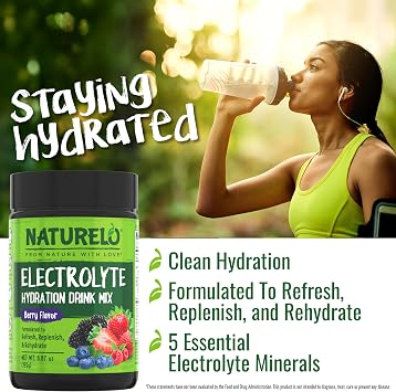NATURELO Electrolyte Powder, Hydration and Mineral Drink Mix, Sugar Free & Non-GMO Berry Flavor 50 Servings