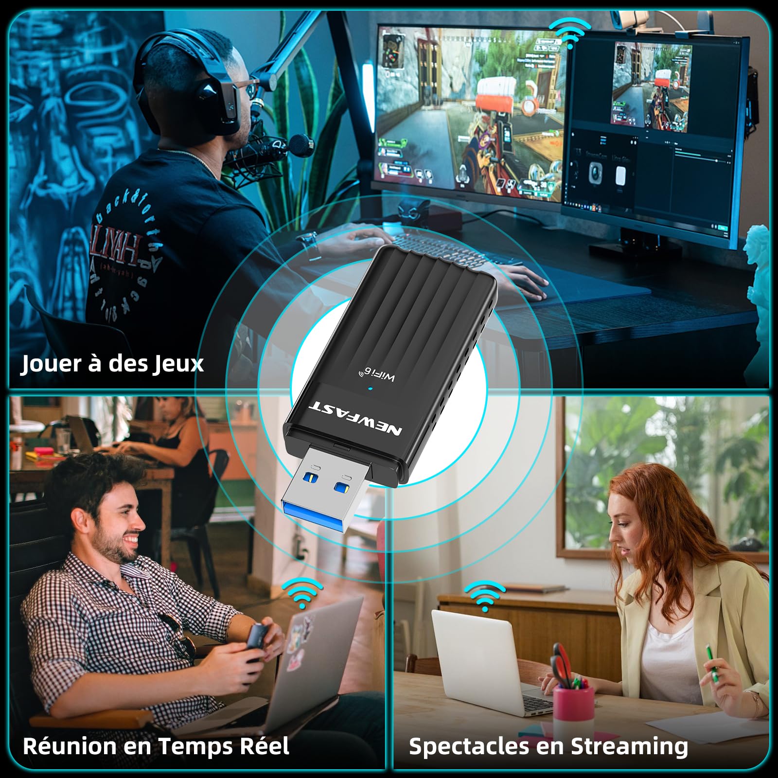 NEWFAST Clé WiFi 6 AX3000 Adaptateur USB 3.0 Double Bande MU-MIMO WPA3 OFDMA 5GHz Dongle WiFi pour PC Windows 11/10