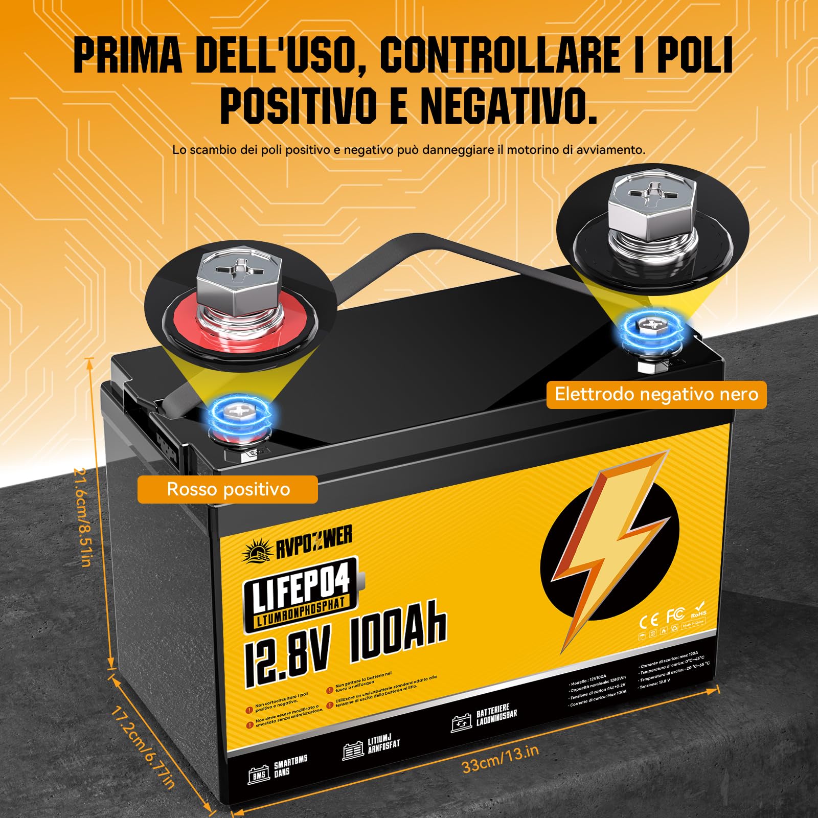 Batteria Litio 12V 100Ah, 1280Wh LiFePO4 Batterie, con BMS Integrato da 100A, 18000 Cicli a Scarica Profonda, Protezione Contro le Basse Temperature, per Off-Grid, Camper e Imbarcazioni