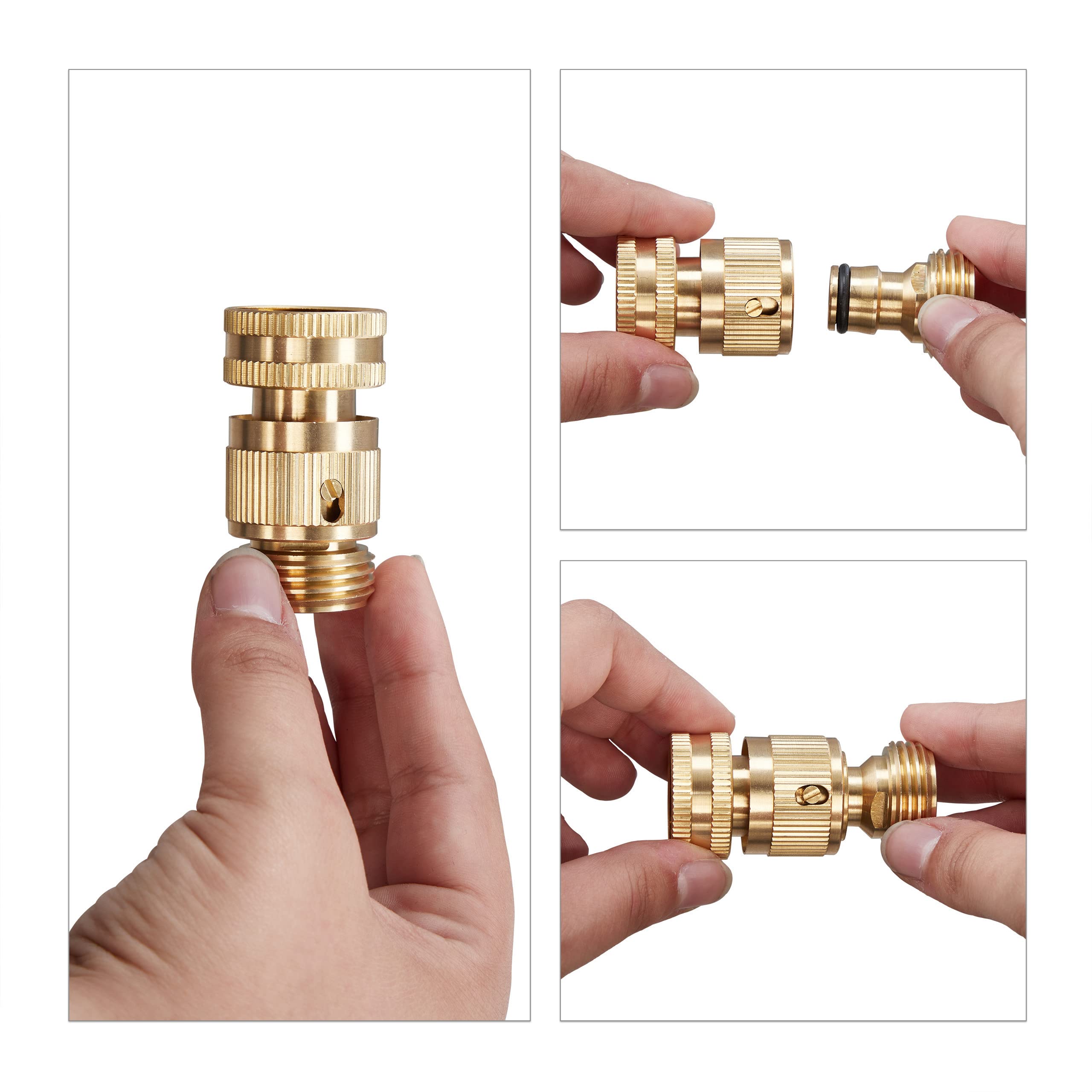 Relaxdays Adaptateur de Tuyau d'arrosage en Lot de 3, 3/4'', Laiton, raccord Rapide pour Tuyau d'arrosage, Couleur Or