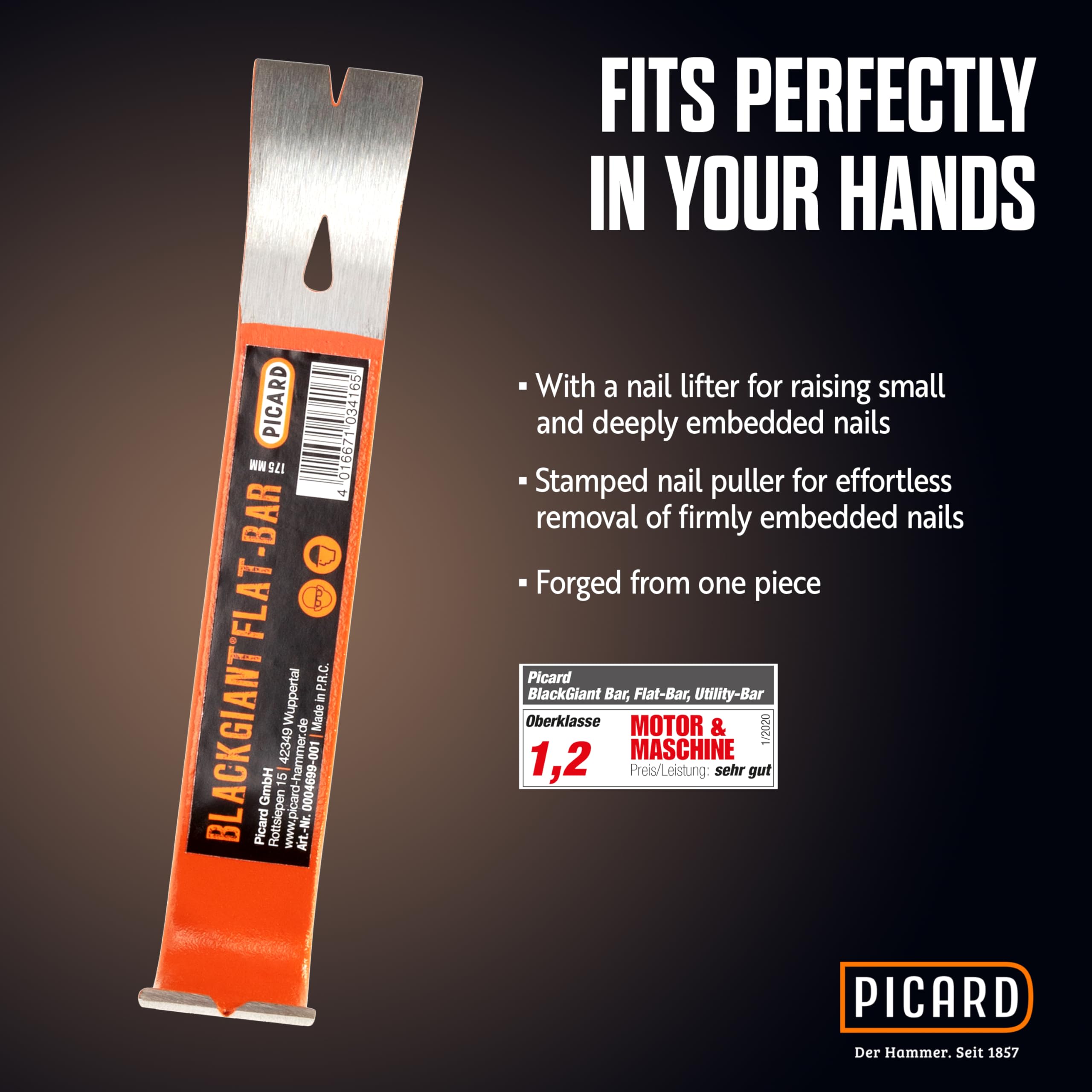 PICARD Levachiodi BlackGiant® Flat-Bar, No. 46X | Palanchino leva di forza compatto in acciaio forgiato | Piede di porco per bancali professionale | Design compatto, forza straordinaria
