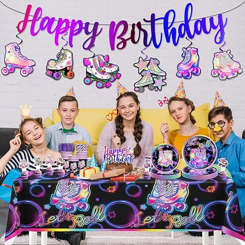Miniatura 7 de Juego de vajilla de 189 piezas de suministros de patinaje sobre ruedas, decoraciones de fiesta de patinaje sobre ruedas, incluye placas de pancarta,