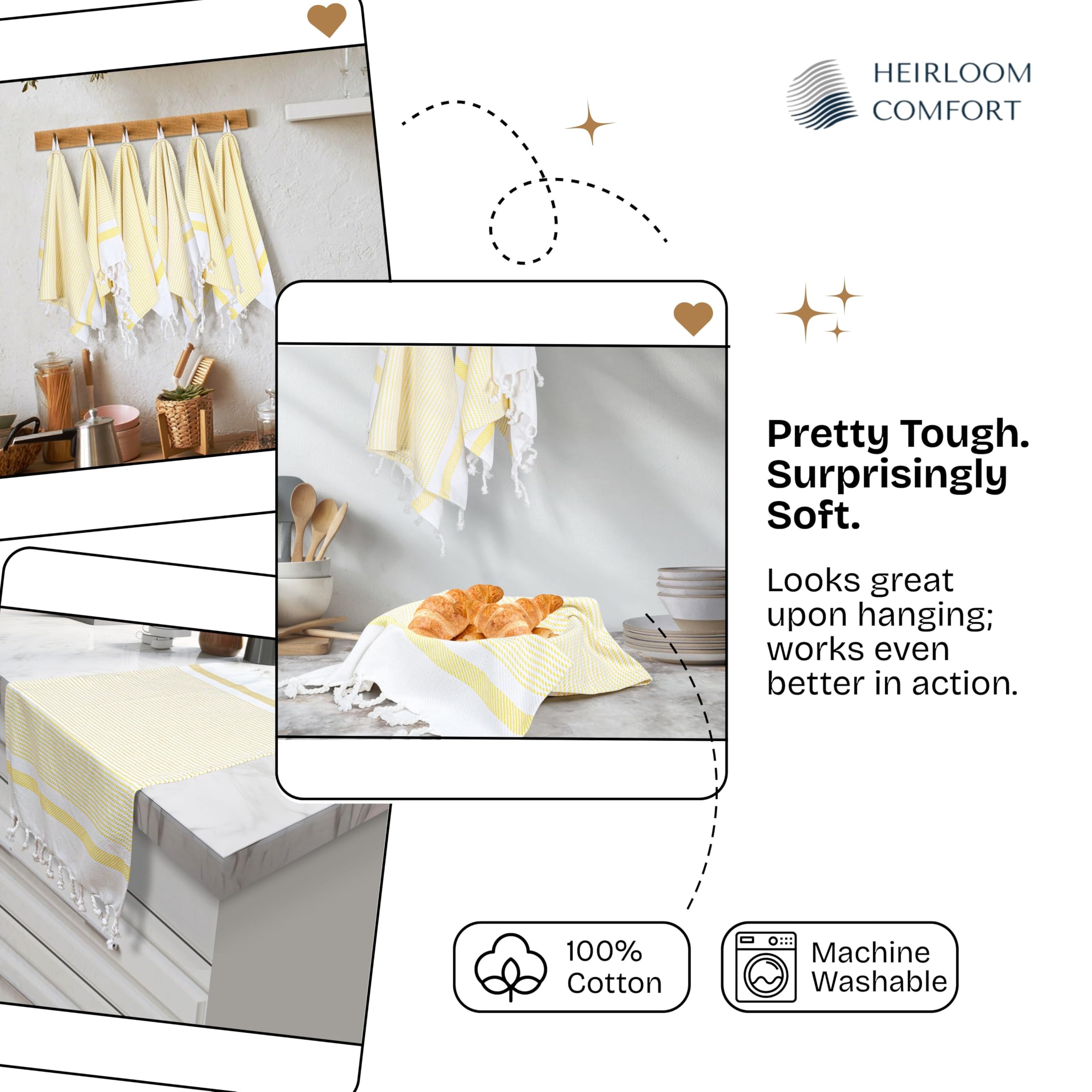 Confezione da 12 strofinacci da cucina turchi giallo limone 40 x 66 cm, 100% cotone, ultra assorbenti, morbidi, ad asciugatura rapida, lavabili, con nappe, per asciugare i piatti
