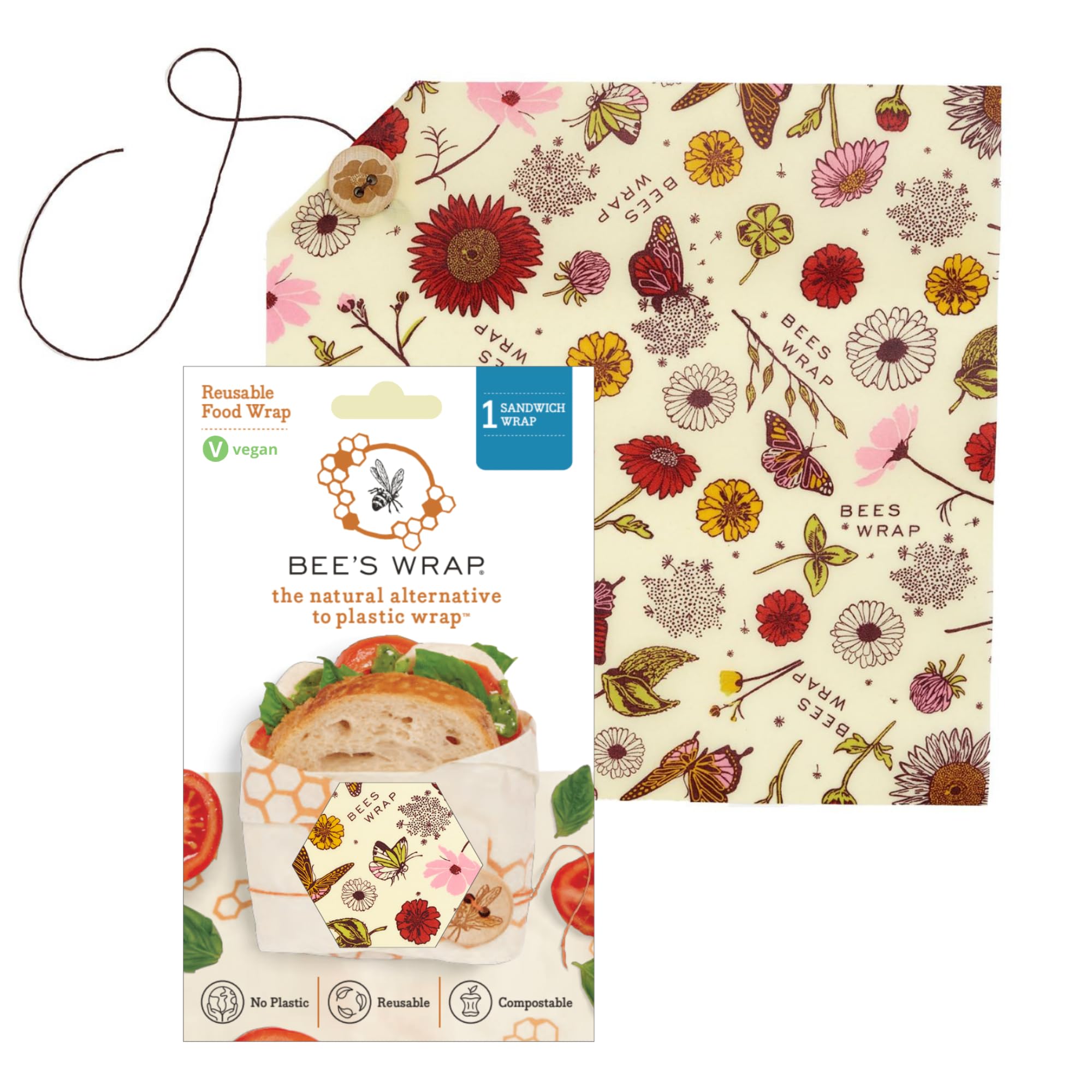 Bee's Wrap Vegan Beeswax Wraps for Food - Vegan Meadow Magic Sandwich Wrap - Made in USA Reusable Bread Bags - Organic & Eco-Friendly Alternative to Aluminum Foil, Sandwich Bags & Plastic Wrap