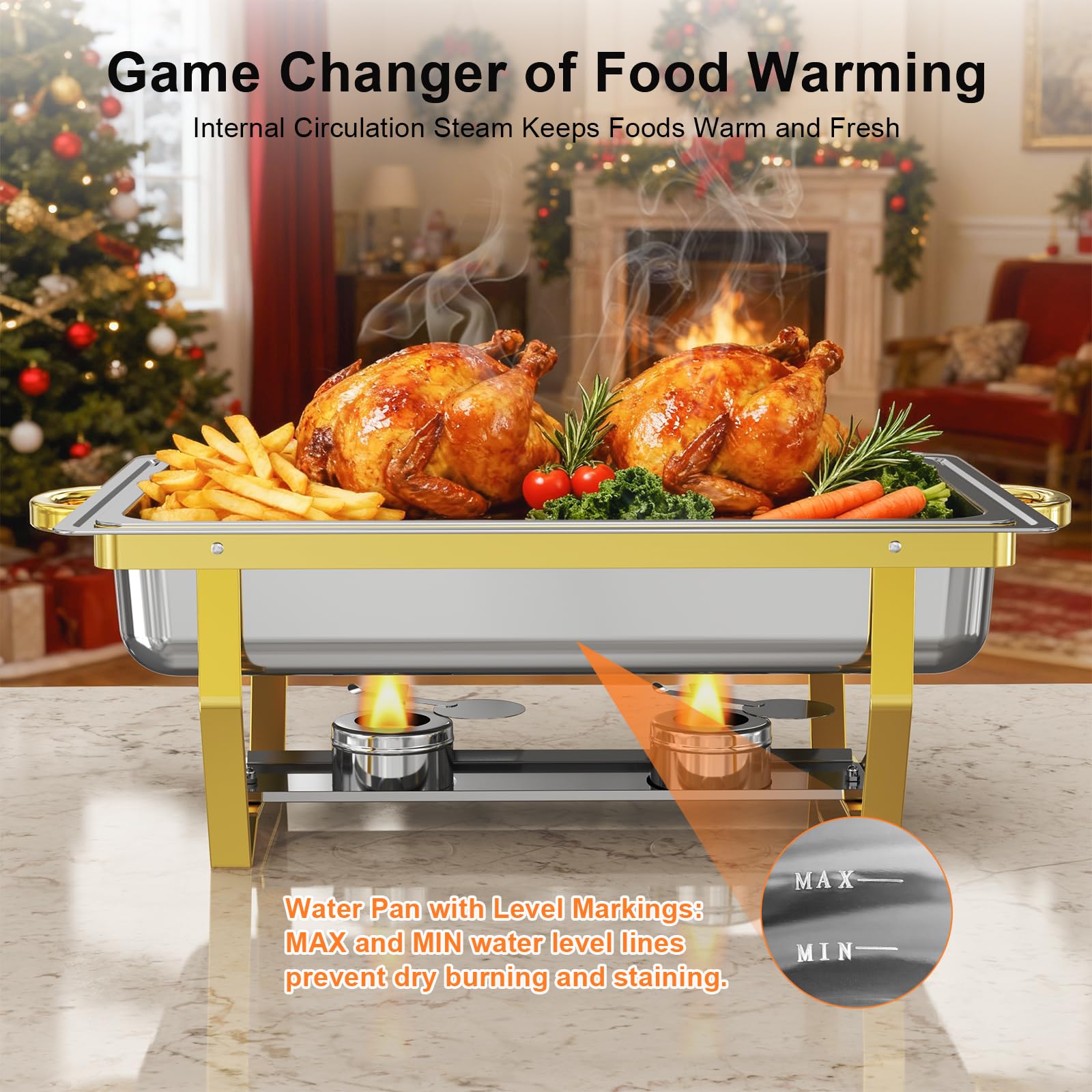 Juego de 2 platos de frotamiento para buffet, juego de platos de alta calidad, calentadores de alimentos [instalación sin tornillos] con diseño apilable para bufés de bodas, hogar, Navidad, 2 sartenes