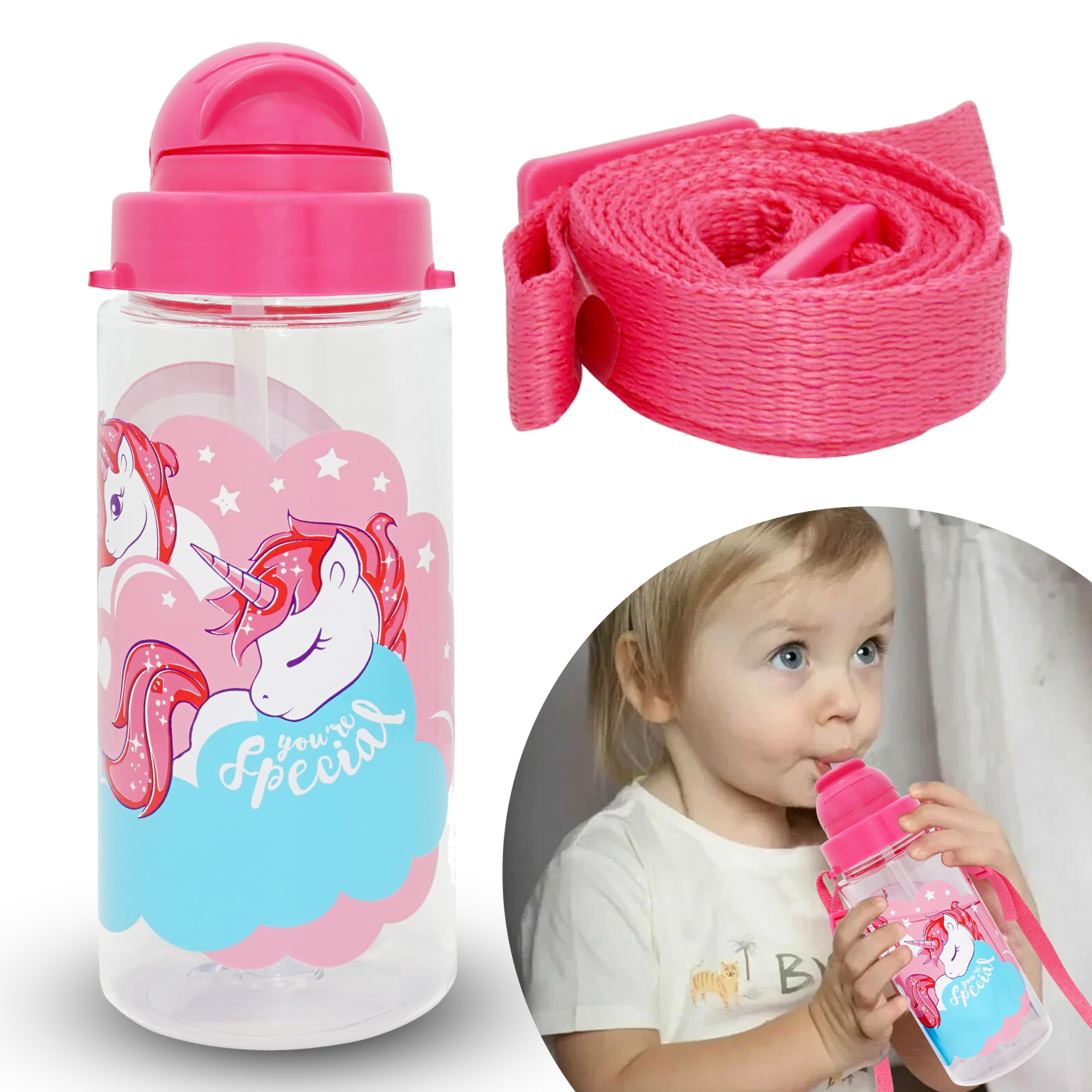 Srv Hub Girls Unicorn 500Ml Tritan Water Bottles With Straw, Summer Bottle With Strap, Bpa Free Leakproof Water Bottle For School Travel Adventure Camp And Sports, For 3+ Years Size-20Cm