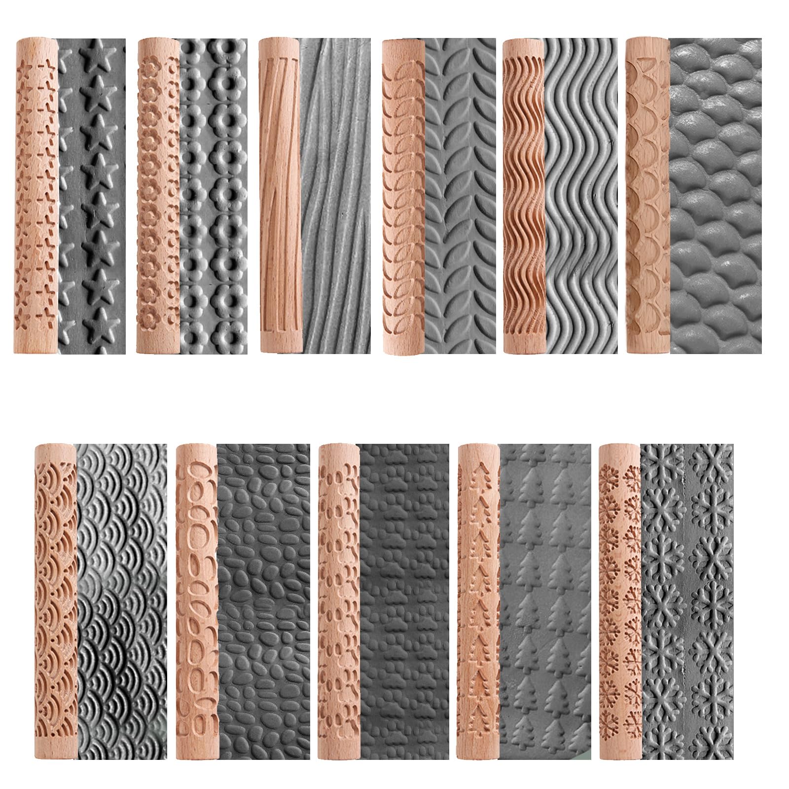 Rouleau d'Argile en Bois - Texture Bois, Gaufrage, Polymère - Outil de Poterie à Motif en Céramique