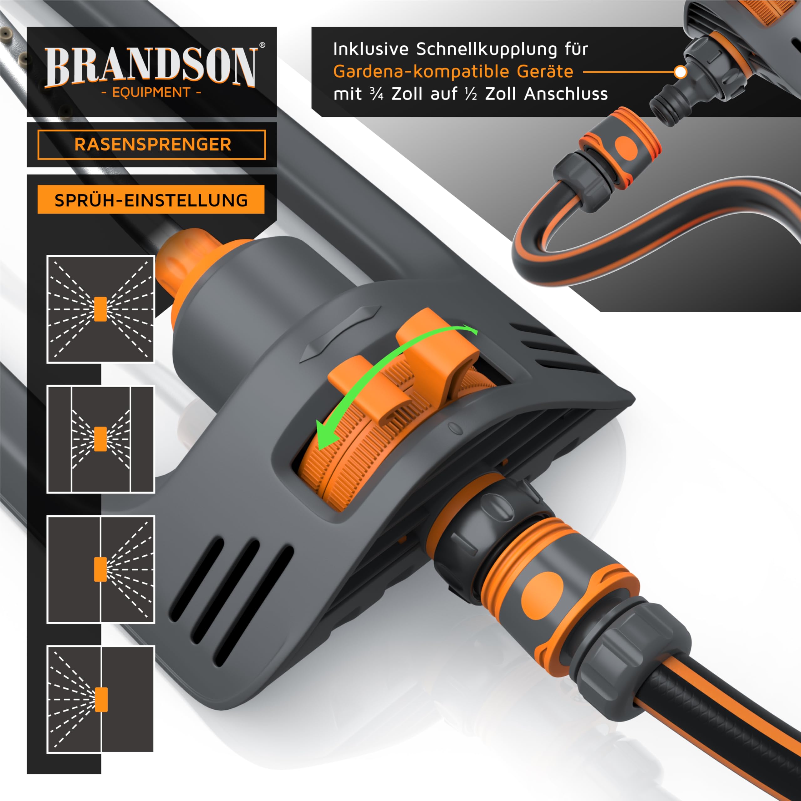Brandson - Rasensprenger Viereckregner Rasensprinkler 3/4 Zoll - Garten Oszillations Regner – für gleichmäßige Flächenbewässerung – große Flächen bis zu 250 m² - schwarz