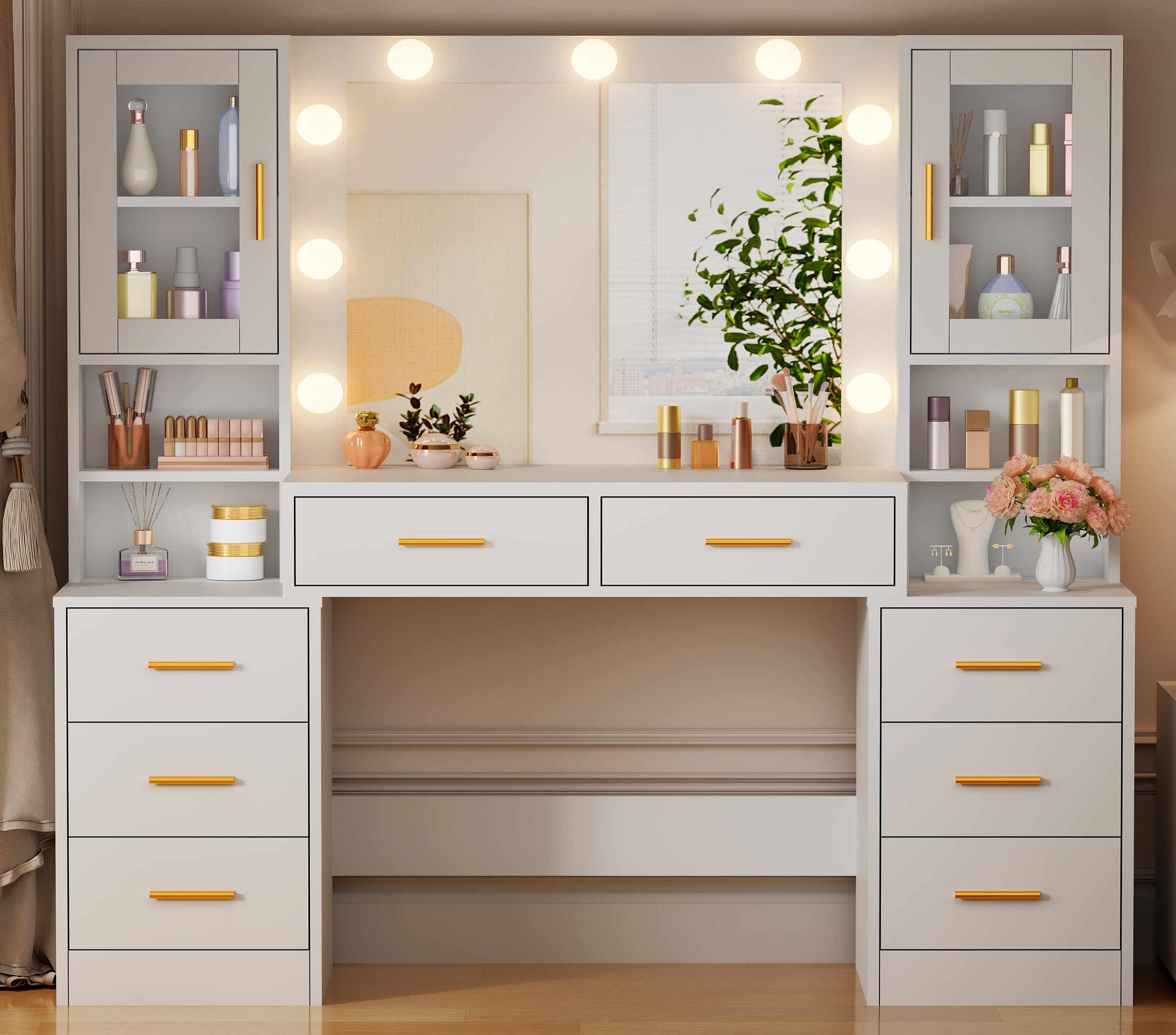 BEWISHOME Grande Toeletta Trucco con Luci LED, luminosità Regolabile, Toletta da Trucco con Specchio, Postazione Trucco con 8 Cassetti, Toeletta con Ripiani Aperti Moderno Bianco EFST37W
