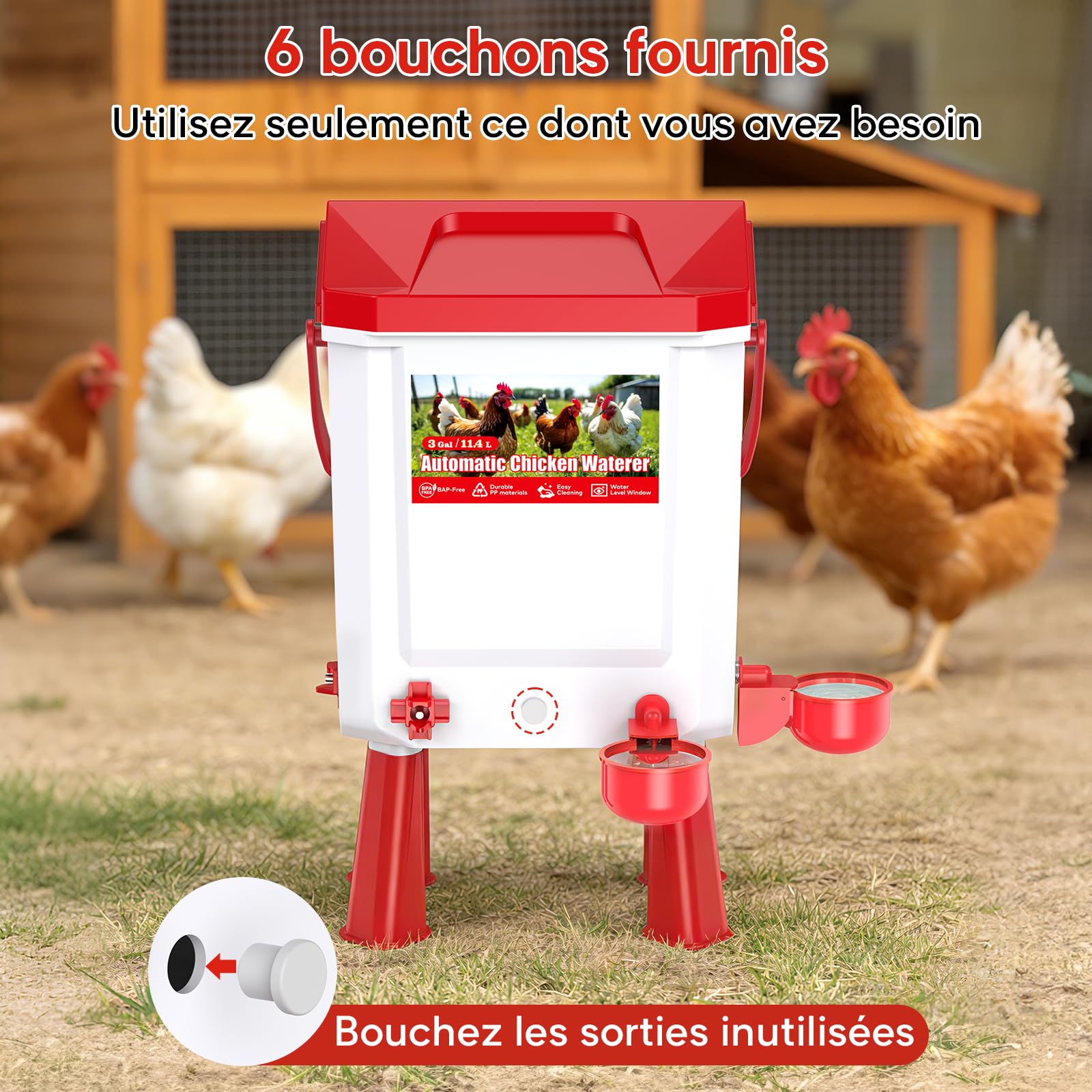 Bebedero Gallinas Automático 10 litros con Pies, 8 Cuencos, Flotador Filtrado Controlado