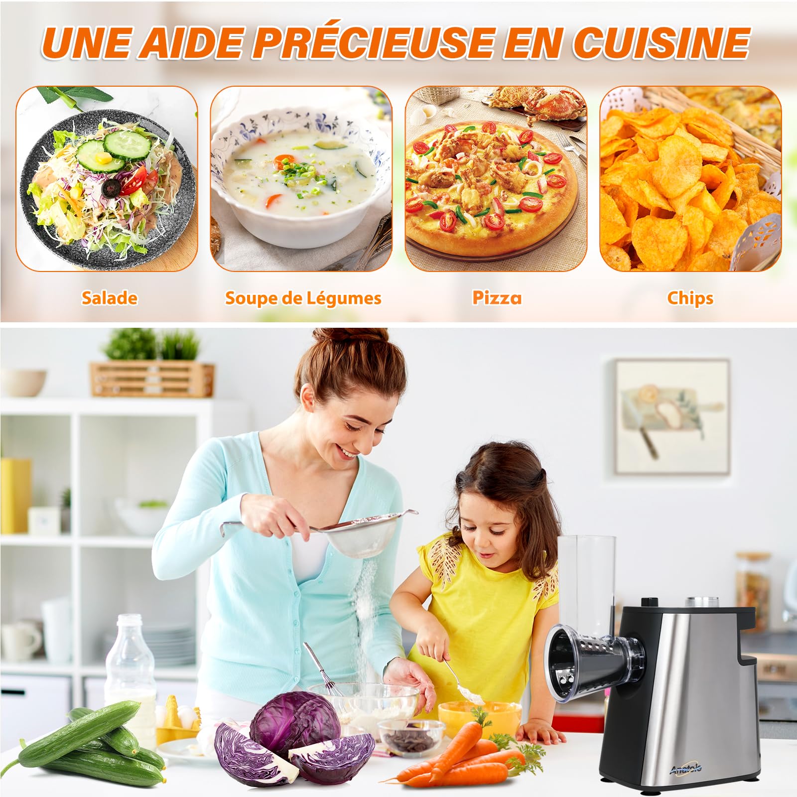 Anatole Coupe Légumes Électrique Rape à Fromage Acier Inox 250W Trancheuse de Légumes Professionnel Rapeuse Carotte Multifonctions Spiraliseur de Cuisine avec 5 Lames 220V Fiche UE