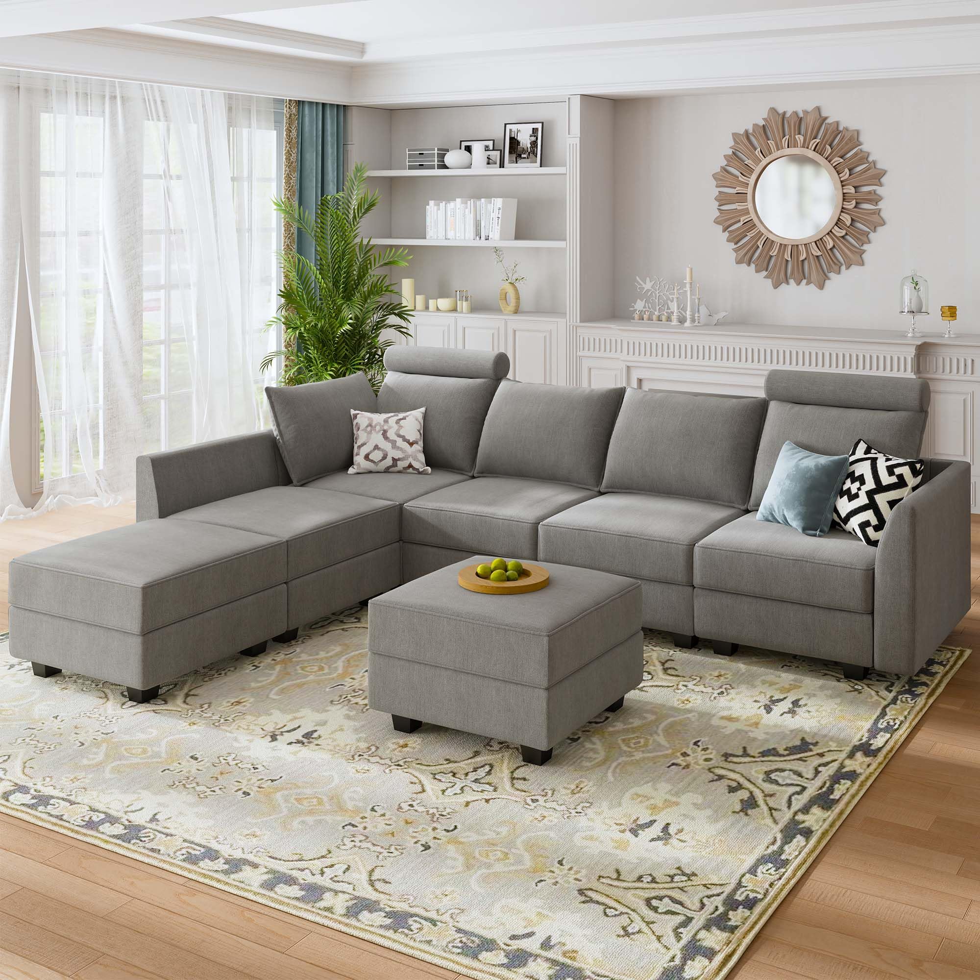 honbay modular sectional sofa with storage seats,convertible l shaped sectional modular couch with ottoman, grey