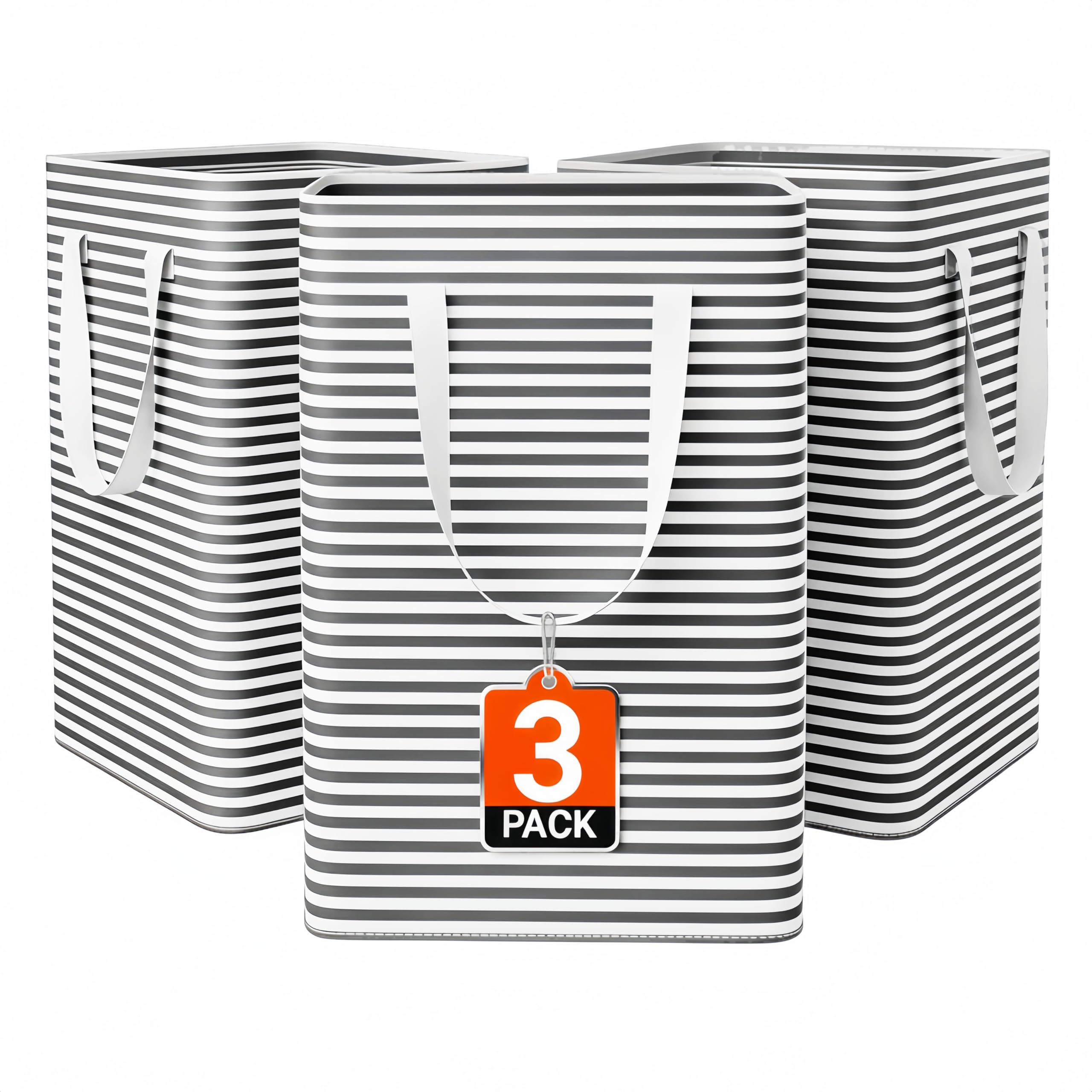 Nesrefyn 3 Pack Large Laundry Baskets – Waterproof Collapsible Laundry Hamper with Carry Handles,Laundry Bags for Room, Bedroom, Bathroom, College Dorm, Storage and organization (Striped Grey - 3 PCS)