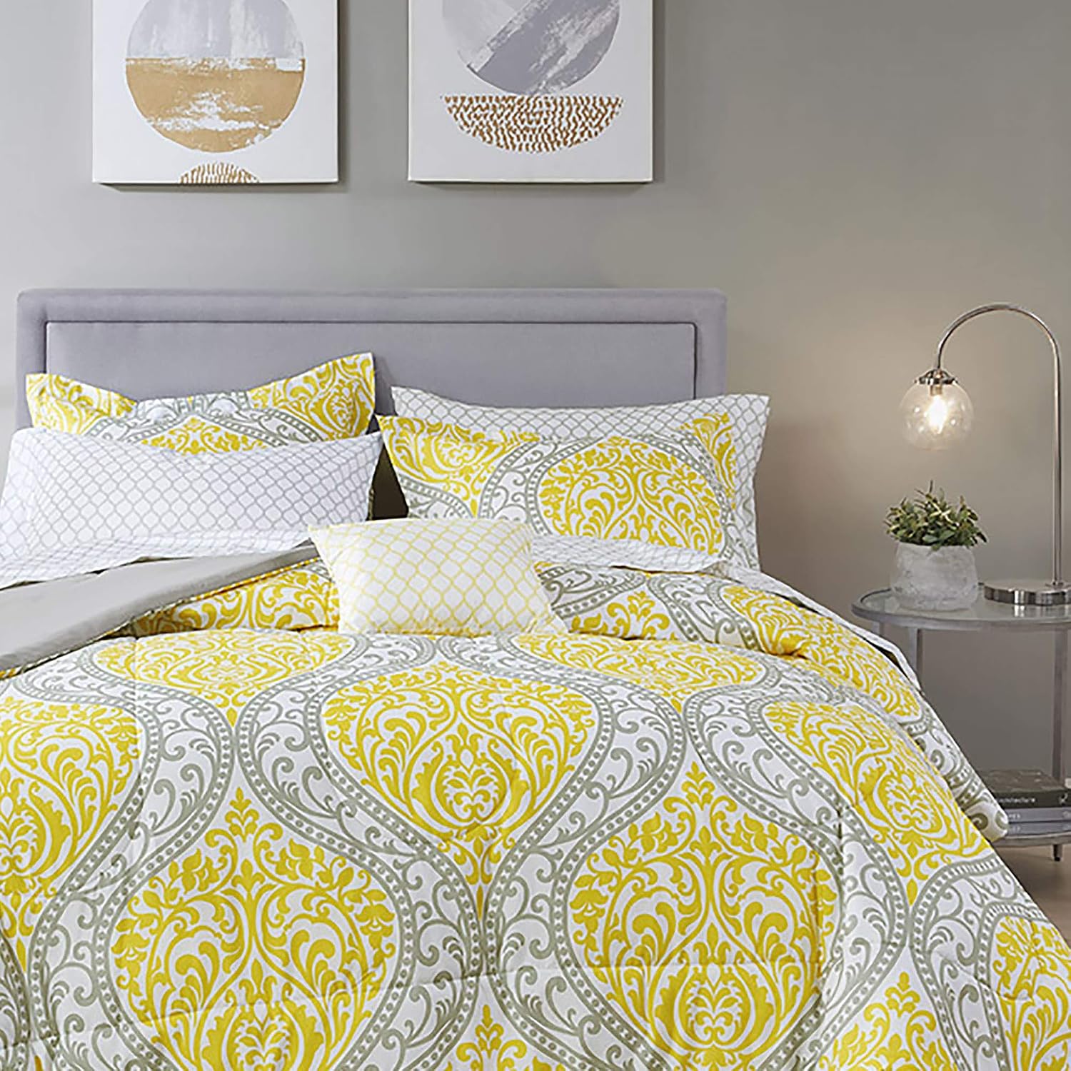 Comfort Spaces Heidi 6 Piece Bag Comforter Vibrant Damask Design, Toss Pillow Trendy Casual All Season Bedding Matching Sham and Complete Sheet Set, Twin XL, Yellow