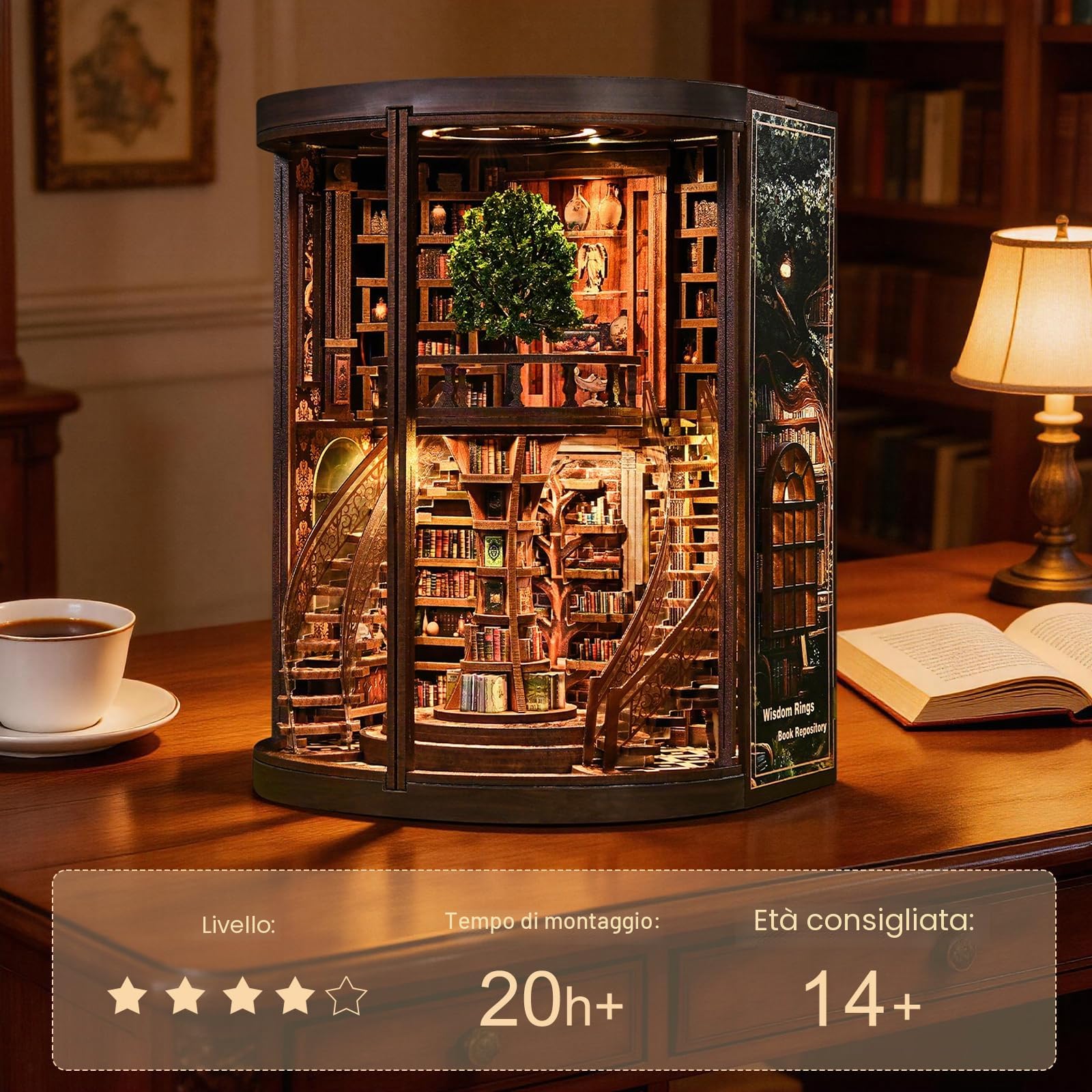 Cuteefun Casa delle Bambole Miniatura Biblioteca con LED Calde, Book Nook Kit Fai da Te Legno per Amanti Libri e Adulti, Regalo Compleanno Natale, Arredamento Casa (Wisdom Rings)