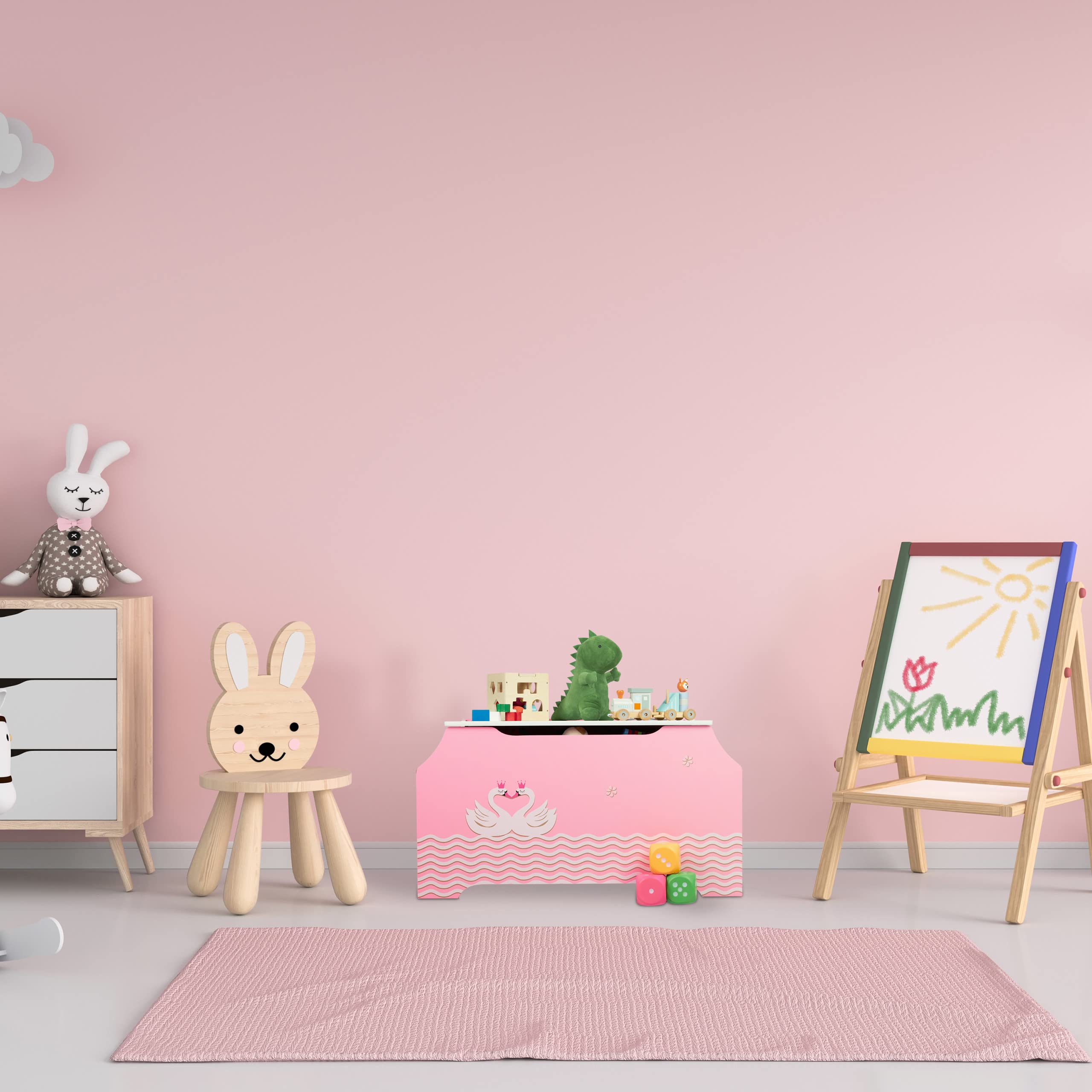 Relaxdays Baúl Juguetes, Diseño Cisnes, Caja Juguetes, Tapa, Baldas para Libros, 46x84x42,5 cm, Juguetero, Rosa y Blanco