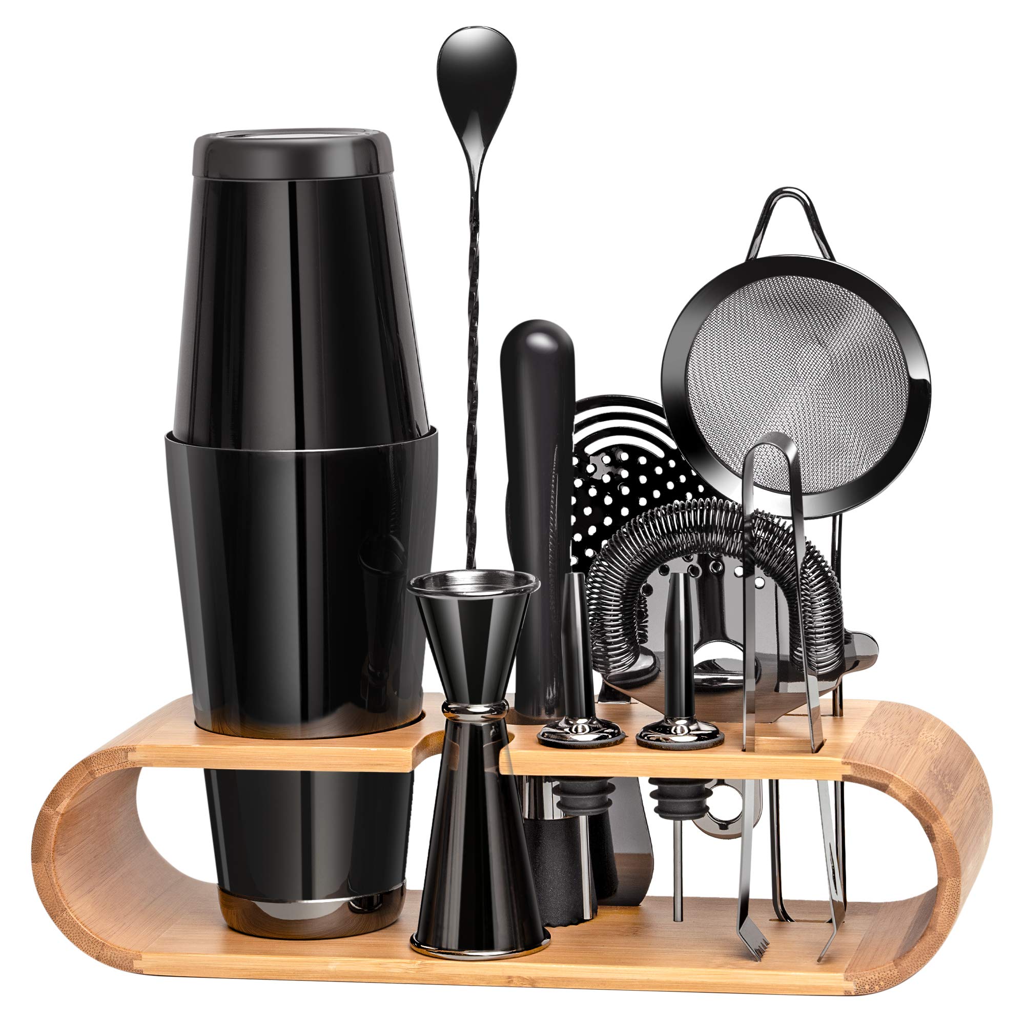 11 Pieces Mixology Bartender Kit by Mixologic: 304 Stainless Steel Boston Cocktail Shaker Bar Set with Sleek Bamboo Stand & E-Recipe Booklet | Premium Bartending Tool (Black)