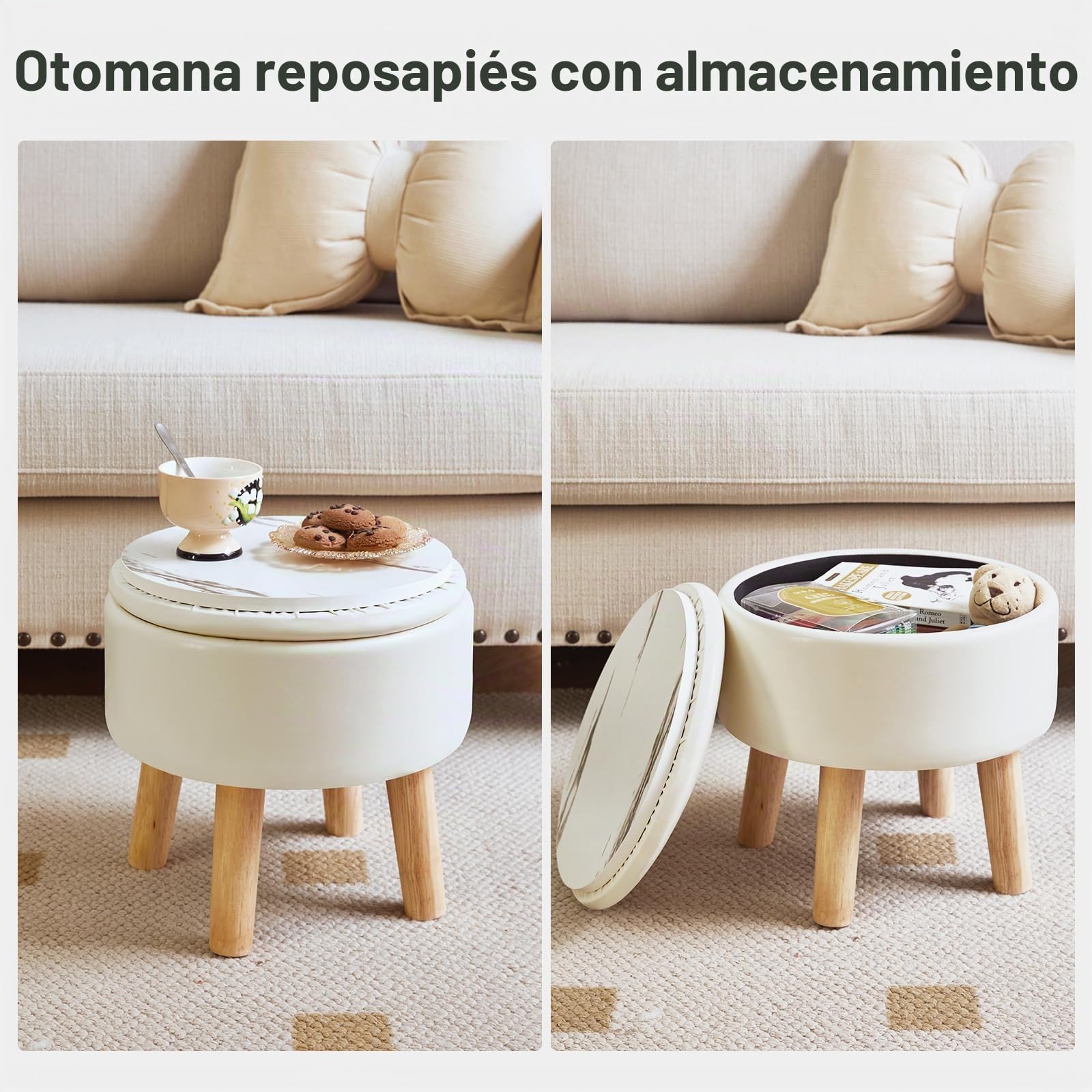 IBUYKE 13” Pequeño Reposapiés Otomana con Almacenamiento, Redondo Puf Reposapiés Taburete con Asiento Acolchado y la Tapa, PU Mini Reposapiés para Sala de Estar Sofá Entrada, Beige WBD023W