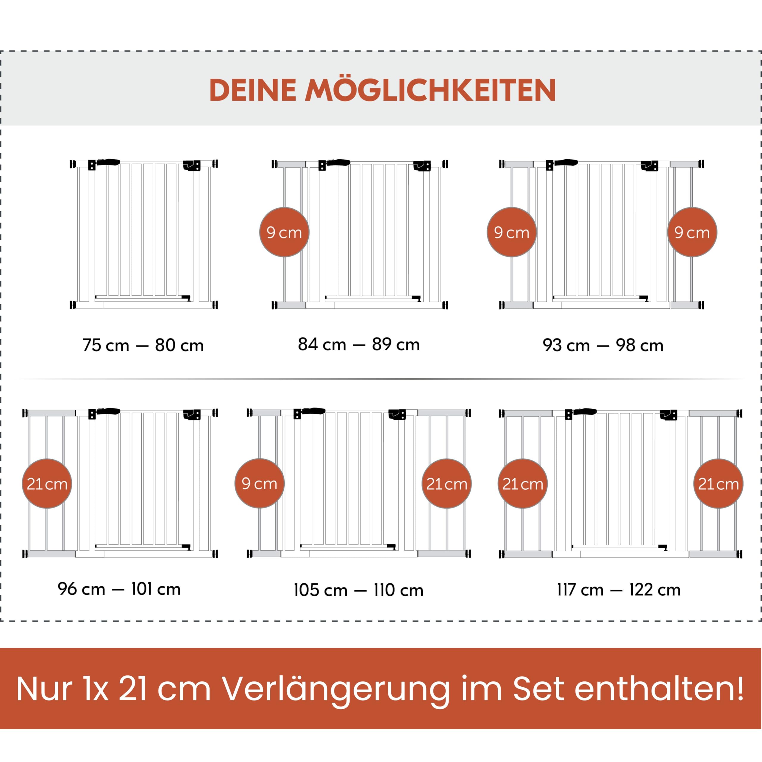 Hauck Standard Türschutzgitter ohne Bohren mit 21 cm Verlängerung, Weiß, verstellbar 96-101 cm, Einhand Öffnung, für Kinder & Hunde