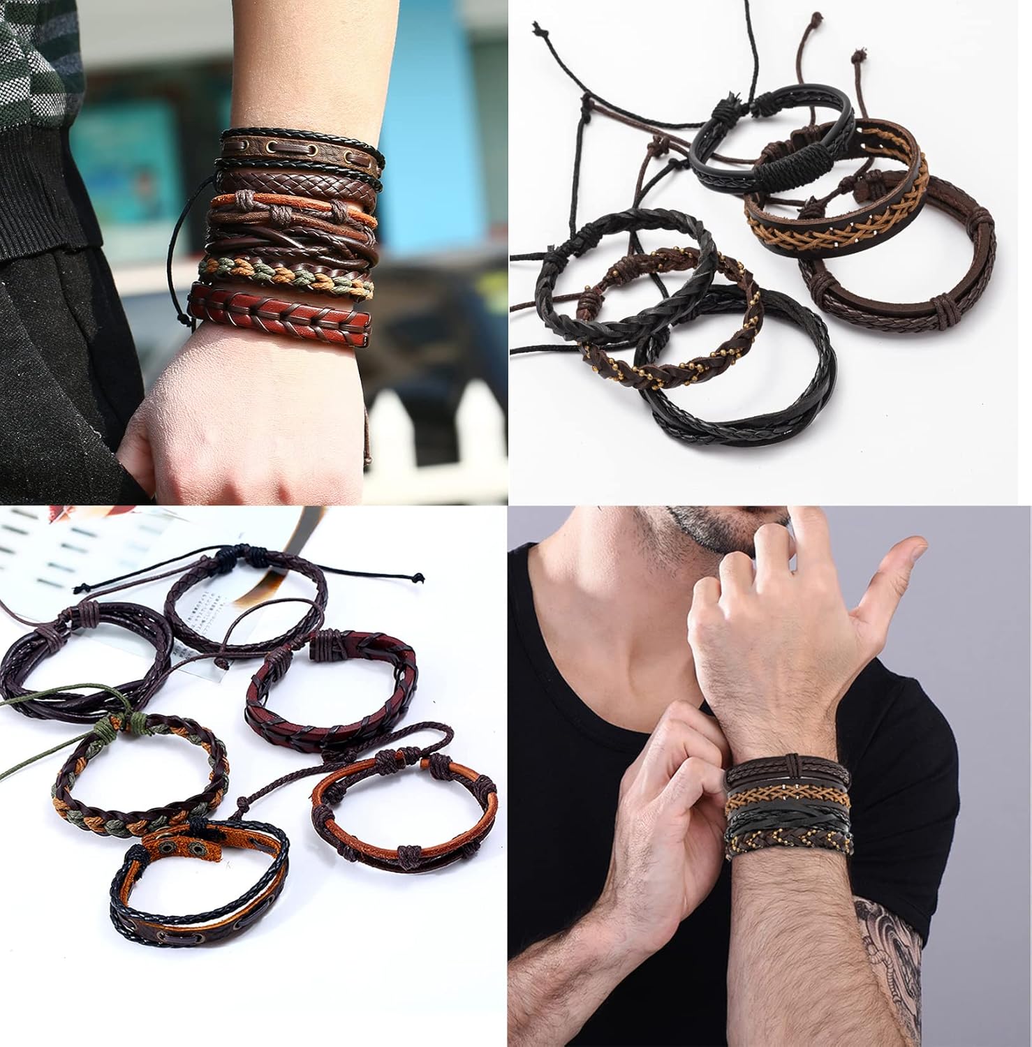 FIRAZIO 42Pcs Braided Leather Bracelets for Men Women Wrap Wood Beads Cuff Bracelet Hemp Cords Ethnic Tribal Handmade Wrap Wristband Bracelets Set Adjustable - Image 4