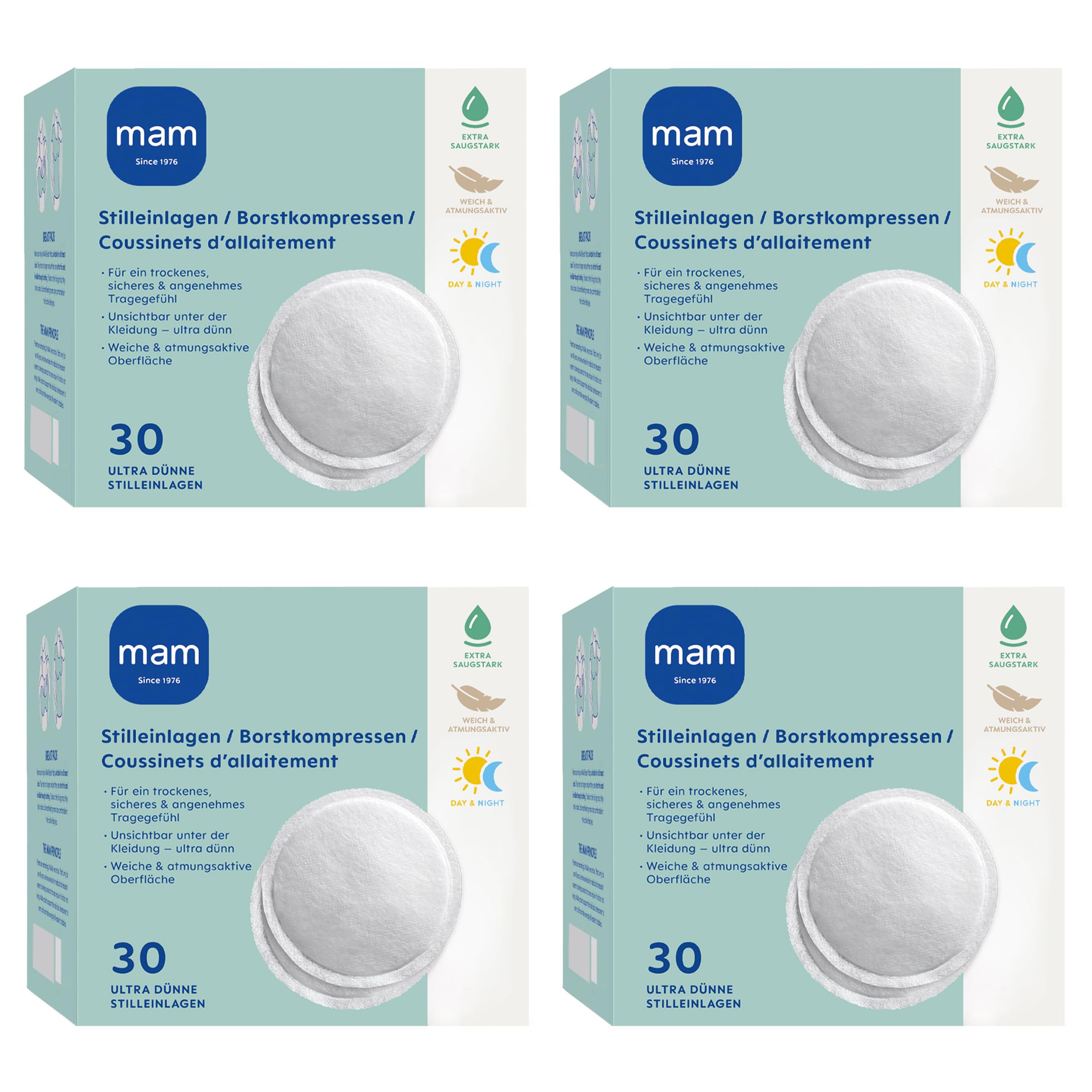 MAM Lot de 120 coussinets d'allaitement auto-adhésifs - Respirants pour l'allaitement - Noyau extra absorbant - Absorbe l'excès de lait maternel en toute sécurité