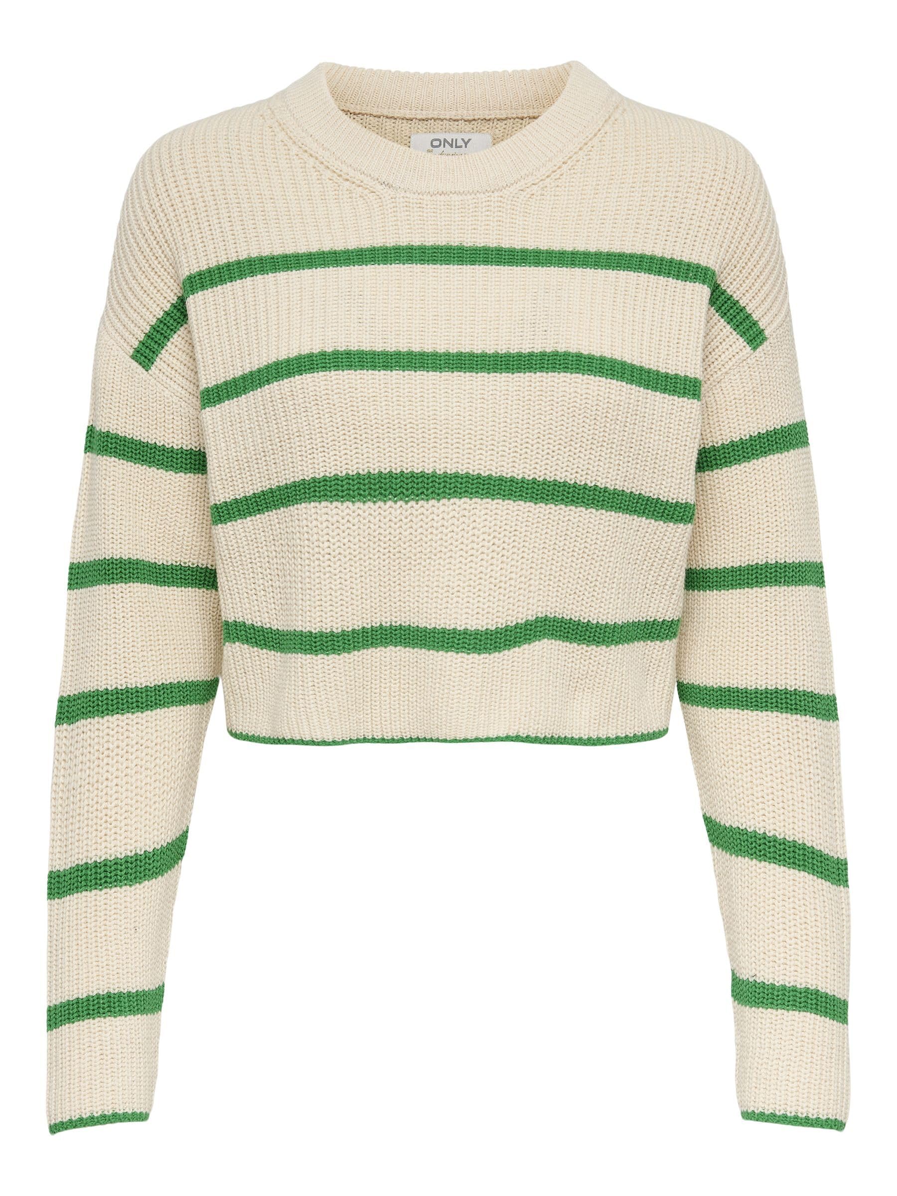 ONLY Women's ONLMALAVI L/S Cropped Pullover KNT Knit Sweater, Pumice Stone/Stripes:Green BEE, XL