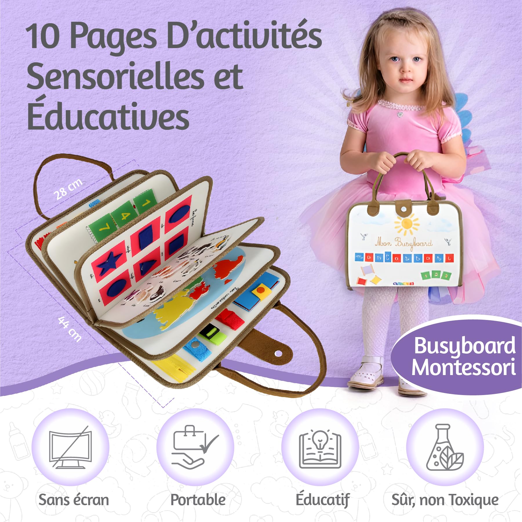 Betotz - BusyBoard Montessori Français – Educational & Sensory Activity Book – 2-6 Years – 10 Interactive Pages – Authentic Montessori – Animals, Shapes, Letters & Motor Skills (Multicoloured Betotz - BusyBoard Montessori Français – Educational & Sensory Activity Book – 2-6 Years – 10 Interactive Pages – Authentic Montessori – Animals, Shapes, Letters & Motor Skills (Multicoloured