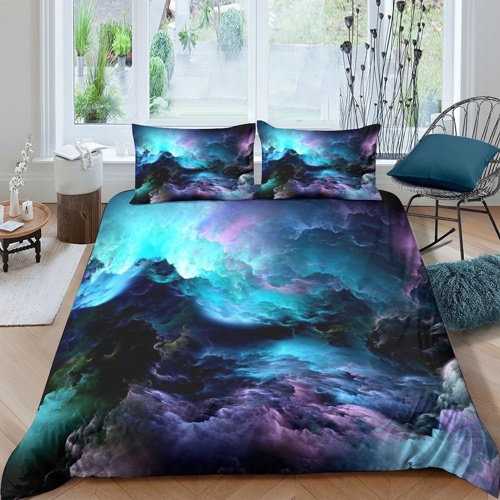 Ctjqhvkz Style-1 3D Printed Aurora Galaxy Fitted Sheet Microfiber Deep Blue Nebula Mattress Cover For Bedroom Guestroom Decor Single（135X200cm）