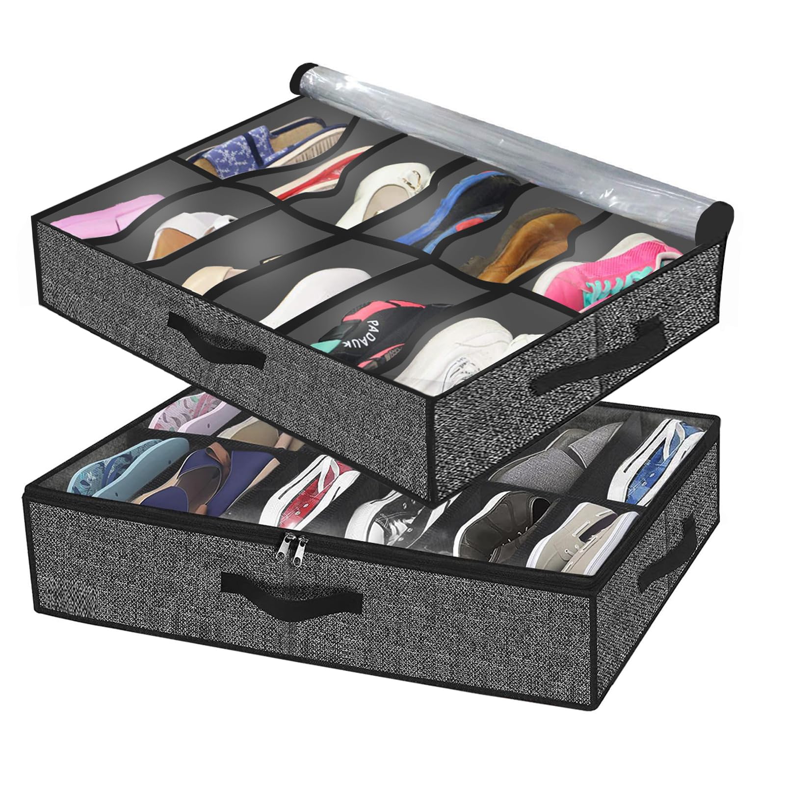 AONAT 2 Pcs Organizador Zapatos debajo Cama,Bolsas con Tapa Transparente,para 24 Pares de Zapatos Caja Plegable de Almacenaje,Organizadores Debajo De La Cama para Niños Y Adultos