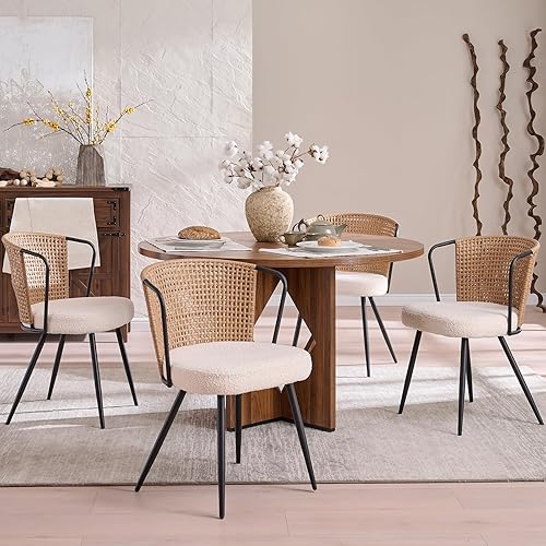 BedsPick Juego de 4 sillas de comedor de ratán, silla de cocina tapizada con respaldo de caña con cojín de bucle, asiento de comedor con respaldo de