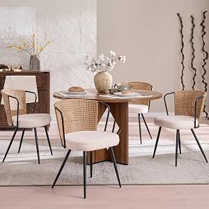BedsPick Rattan Dining Chairs Set of 4 - Farmhouse Upholstered PE Rattan Kitchen Chair with Boucle Cushion, Wingback Design, Metal Legs, Brown