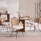 BedsPick Rattan Dining Chairs Set of 4 - Farmhouse Upholstered Cane Back Kitchen Chair with Boucle Cushion, Wingback Dining Room Seat with Metal Legs for Home, Kitchen (Brown)